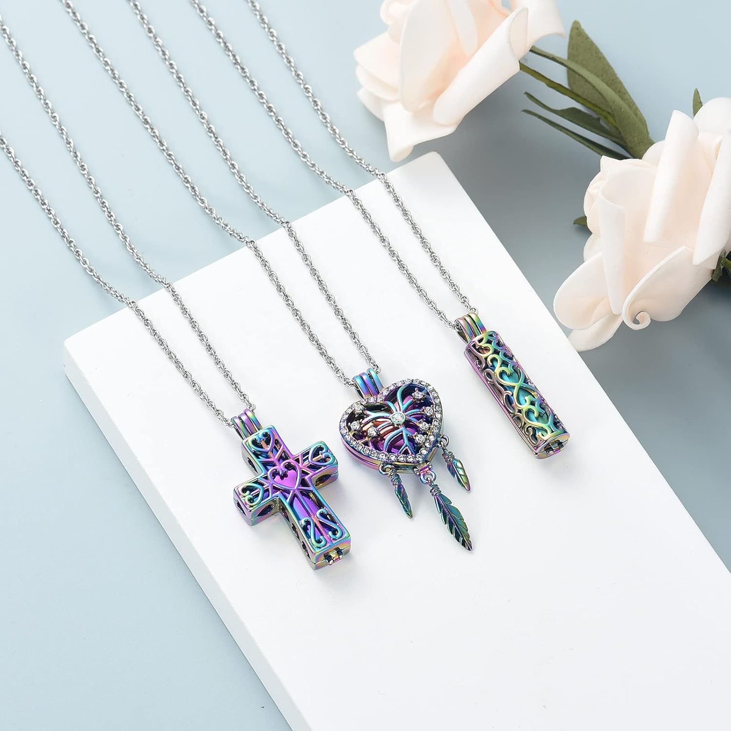 shajwo 3 Pack Cremation Urn Necklace for Ashes for Women Men Heart Lotus Cross Cylinder Cremation Jewelry for Ashes Loved One Memorial Keepsake Pendant