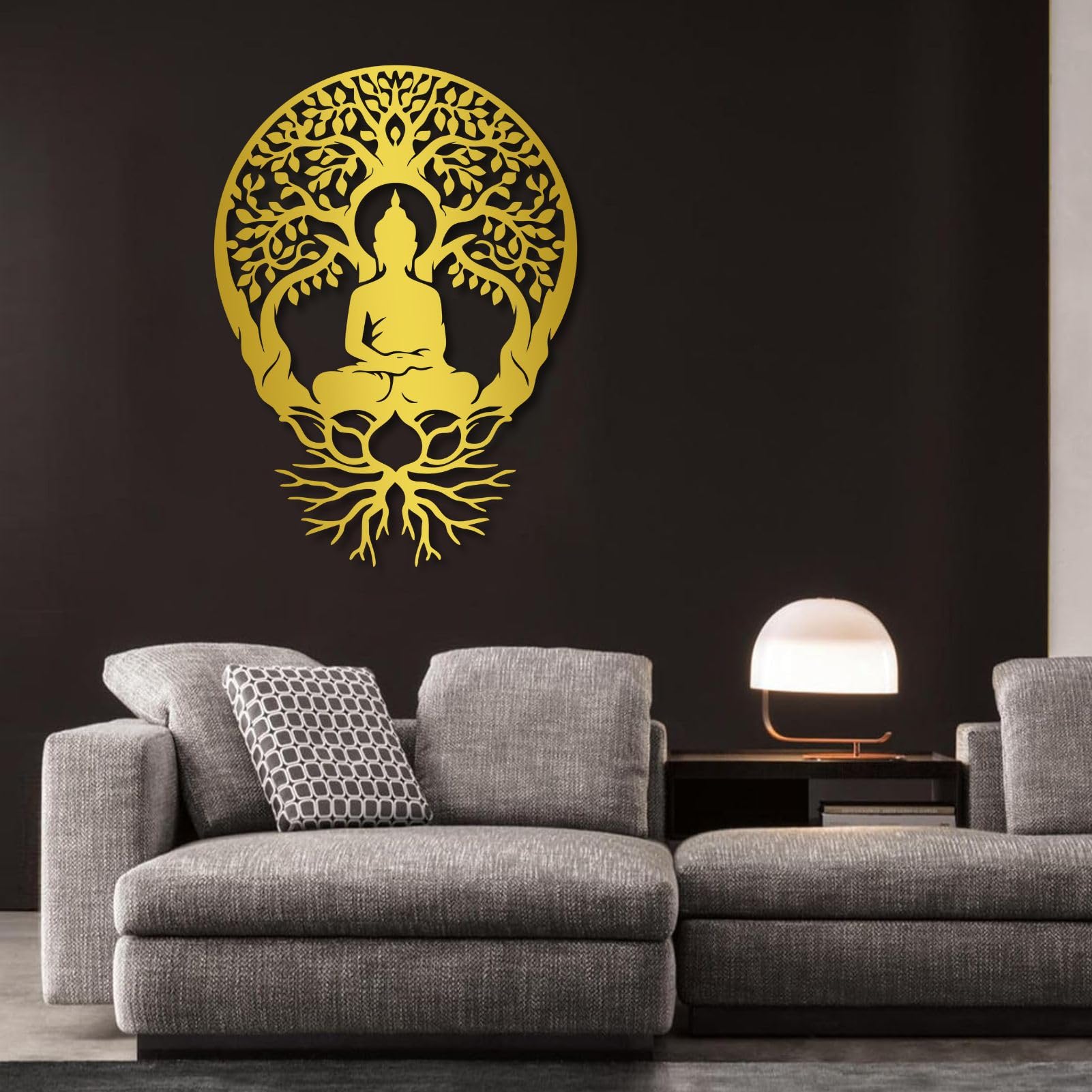 Árbol de la Vida, Arte de Metal 3D, decoración de Pared Grande con Buda, Arte de Buda, meditación para Sala de Estar, Dormitorio, Yoga, meditación al Aire Libre (Negro, 60 x 43 cm)