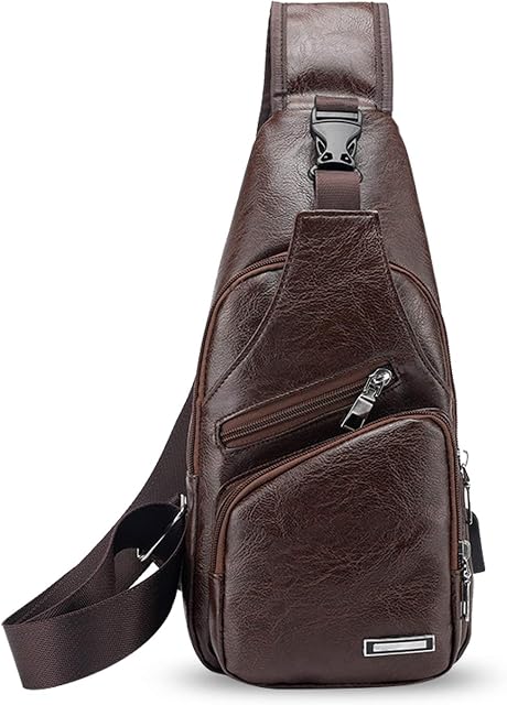 FANDARE New Sling Bag Chest Bag with USB Charging Port Earphone Hole Sport Gym Student One Shoulder Backpack Men Outdoor Shoulder Bag Waterproof PU Dark Brown A