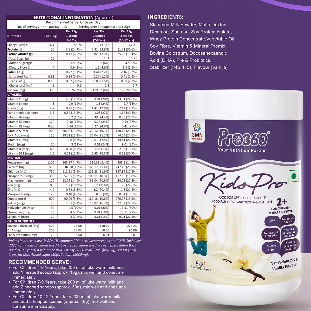 Pro360 Kidspro Protein Powder Child Nutrition & Health Supplement for Growing Children, Improves Immunity, Growth and Active Strong β (200g) -Vanilla Flavor 1
