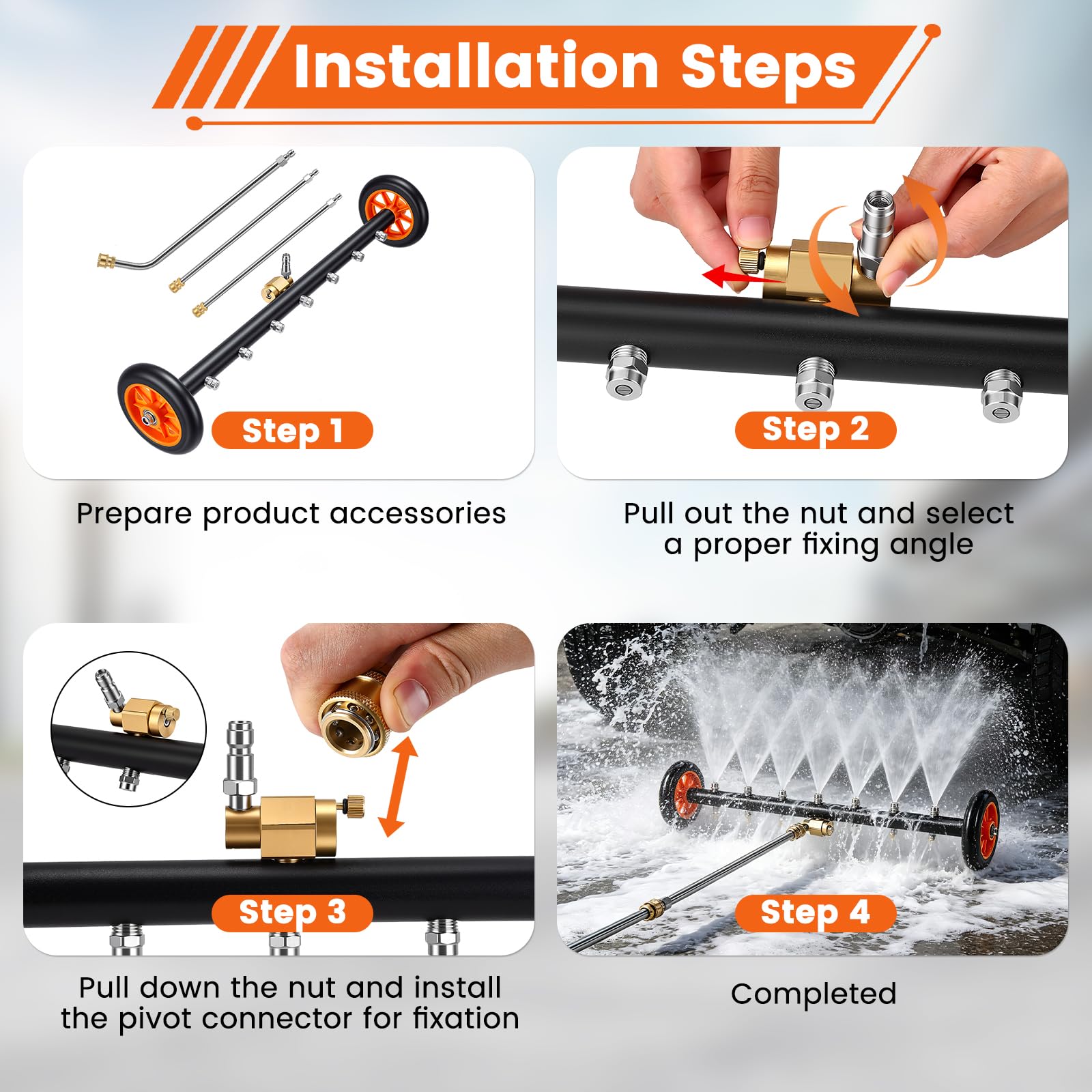 Accesorio para Hidrolavadora, Lavador Bajos Automóviles Accesorio Limpieza Bajos con 7 Boquillas, Ruedas Giratorias y 3 Varillas Extensión 4000 PSI Conexión Rápida 1/4" Doble Función 2 en 1