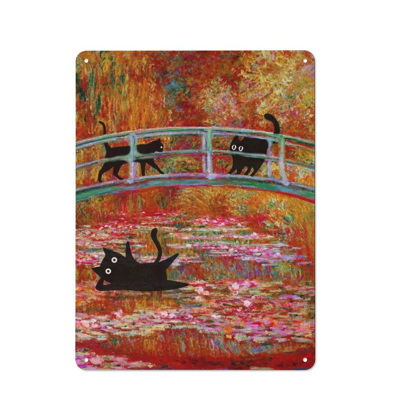 Junmoney Black Cat Monet Waterlily For Lounge Or Reading Corner, Vintage Metal Sign 40X30cm, For Cooler-Season Styling In Lounge And Reading Corner