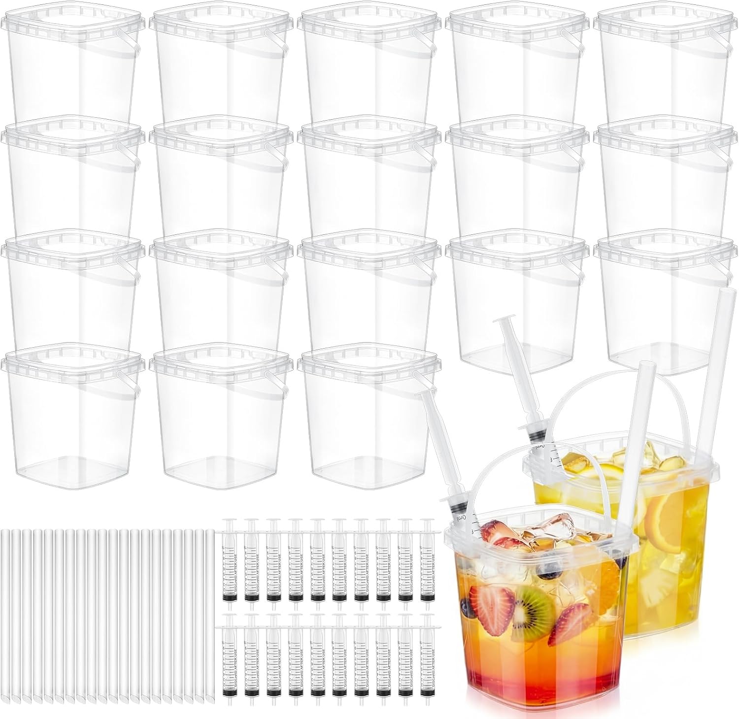 40 Set Disposable Drink Buckets with Lids and Straws, 33.8 oz Mini Cocktail Bucket Cups with Handle and Beverage Syringes, Clear Plastic Party Drink Buckets for Cocktails, Beer