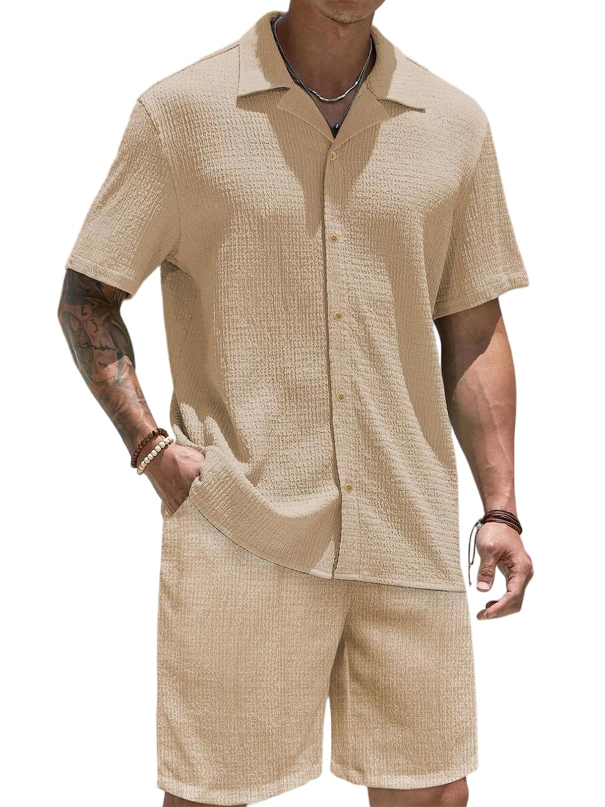 Tuta da jogging estiva da uomo, 2 pezzi, camicia a maniche corte e pantaloni corti, casual, traspirante, per vacanze e spiaggia