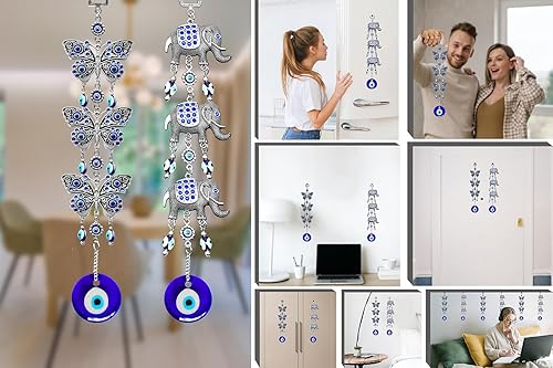 Miniatura 7 de Decoración colgante de ojo malvado azul amuleto nazar para colgar en la pared, protección del hogar y decoración de bendición (elefante + mariposa)