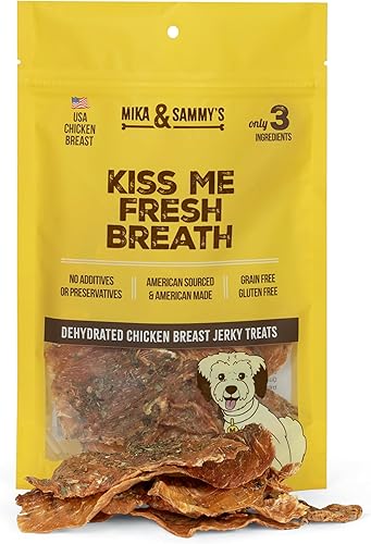 Mika & Sammy's Gourmet Chicken Jerky Dog Treats Made in USA - Kiss Me Fresh Breath - Bolsa de 5 onzas