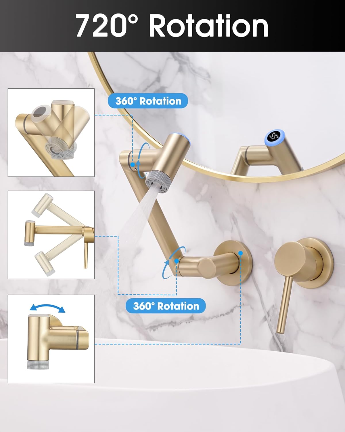 720° Rotatable Wall Mount Bathroom Faucets, Temperature Display Wall Mounted Bathroom Faucet, Adjustable Led Bath Faucet with 2 Water Outlet Modes, Single Handle LED Faucets with Light, Brushed Gold
