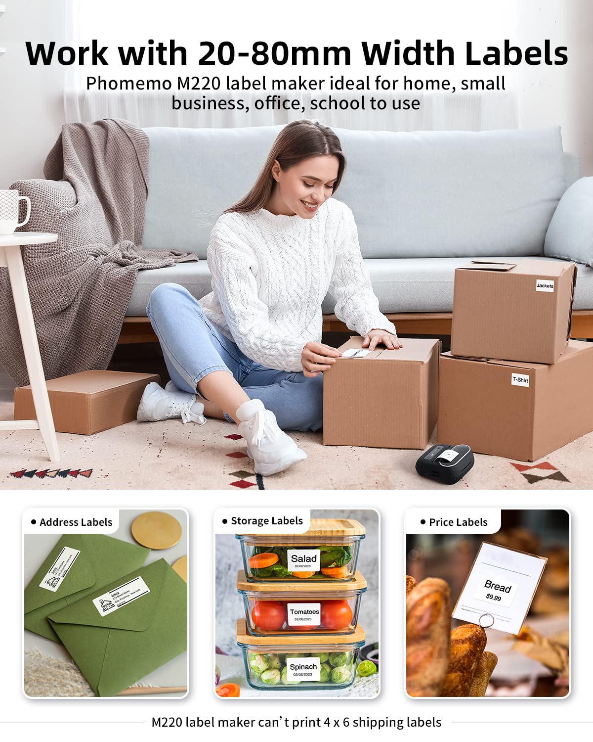 Phomemo M220 Bluetooth Label Maker for Christmas, Label Printer for Small Business, Label Maker Machine with Tape, Sticker Printer Compatible with Phone, Tablet & PC — view 6
