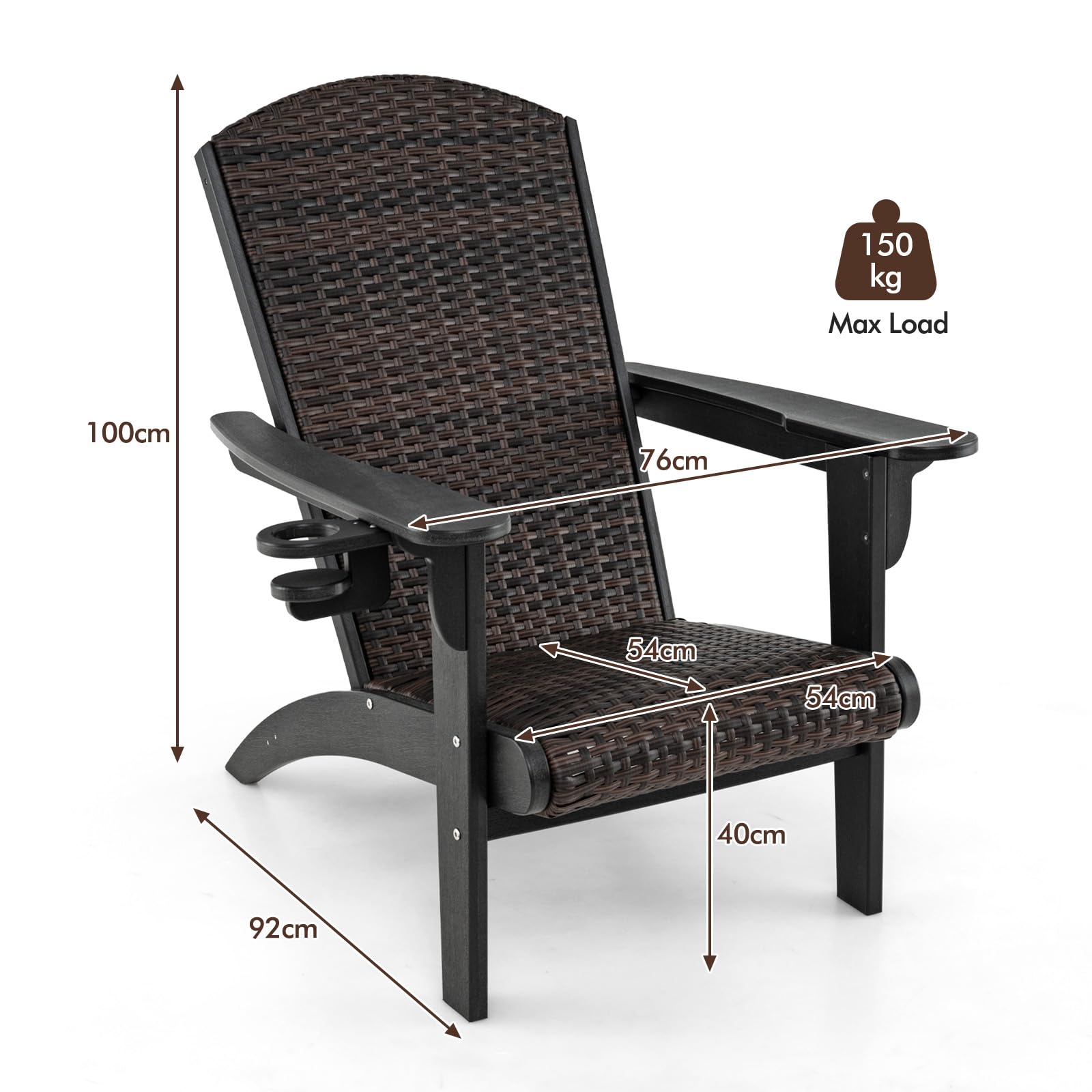 LIFEZEAL Sedia Adirondack da Esterno, in Plastica, Rattan PE, Imbottito da Spugna, con Braccioli, Portabicchiere, Resistente alle Intemperie, per Giardino, Terrazza, Patio, Aperto, Max 150kg (nero)