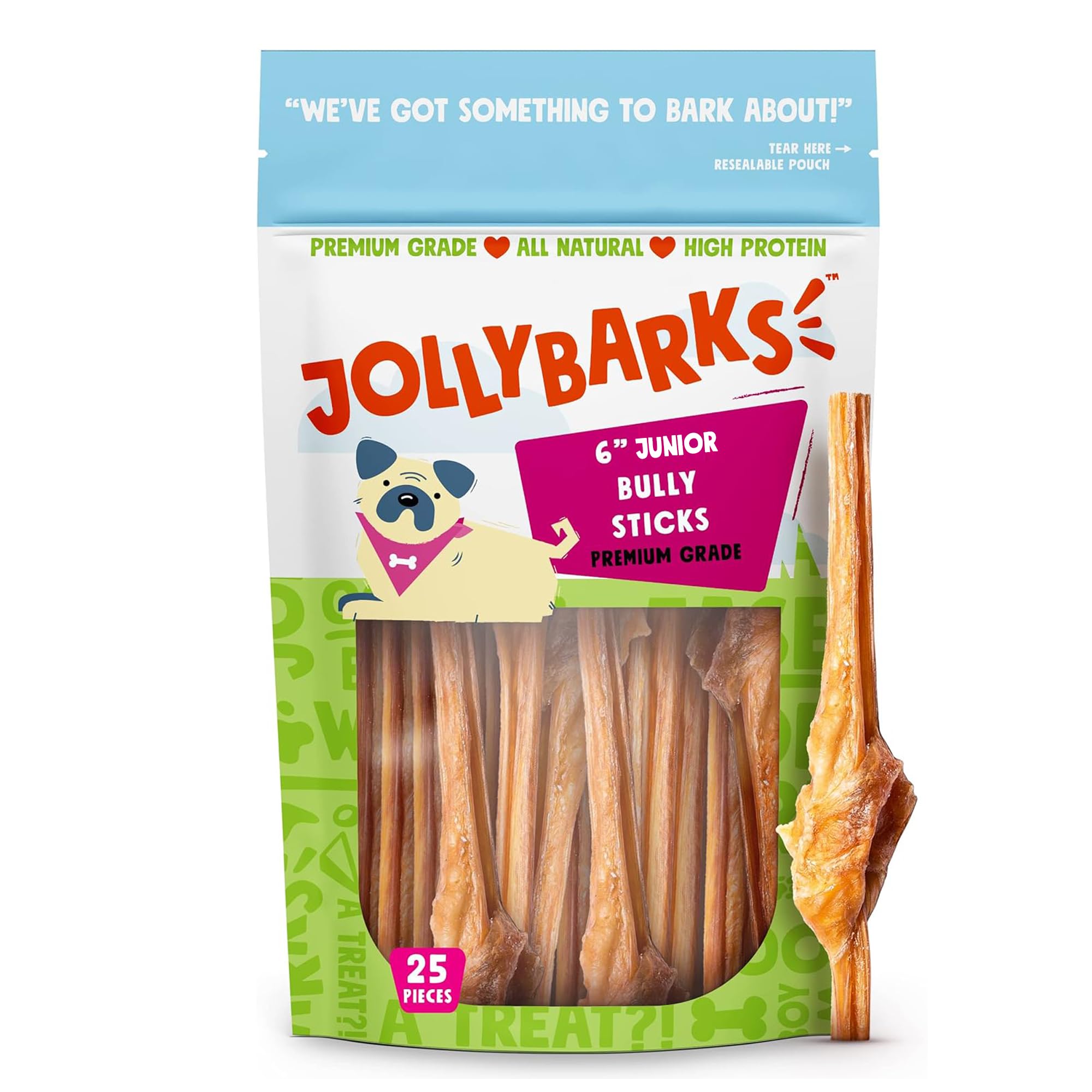 Jolly Barks Junior Bully Sticks for Small Dogs | All Natural, Single Ingredient Bully Sticks for Puppies to Medium Dogs (6 Inch - 25pk)