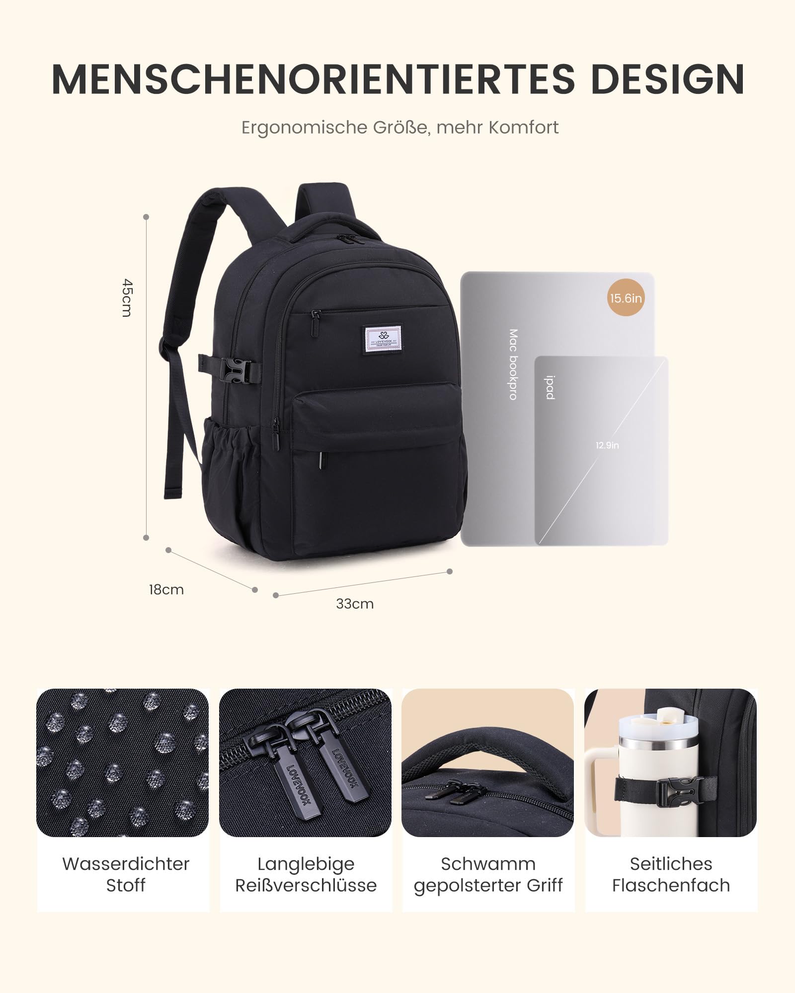 LOVEVOOK Sac à Dos Femme 15,6 Pouces, Sac à Dos Ordinateur Portable pour Filles Adolescentes, Sac à Dos Scolaire Imperméable avec Multiples Compartiments, Sac à Dos Moderne pour Travail, École, Voyage