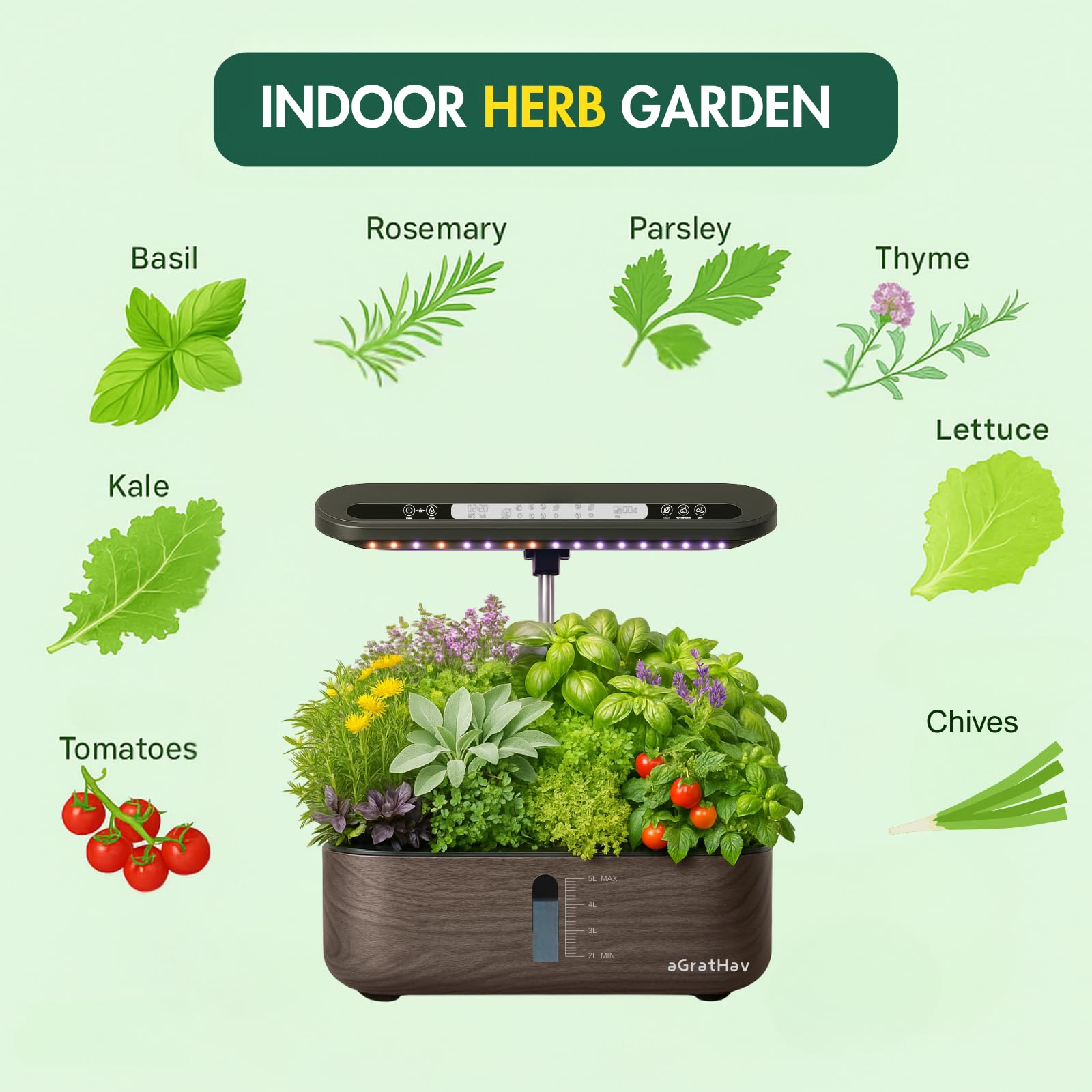Kit de sistema de cultivo hidropónico, jardín de hierbas para interiores, pantalla LCD mejorada, 14 cápsulas, luz LED de crecimiento silenciosa, bomba de agua inteligente, temporizador