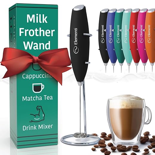 Elementi Milk Frother Handheld Electric Matcha Whisk (Black), Electric Milk Frother for Coffee Frother Electric Handheld Drink Mixer, Hand Frother Milk Foamer, Foam Maker for Coffee Stirrers
