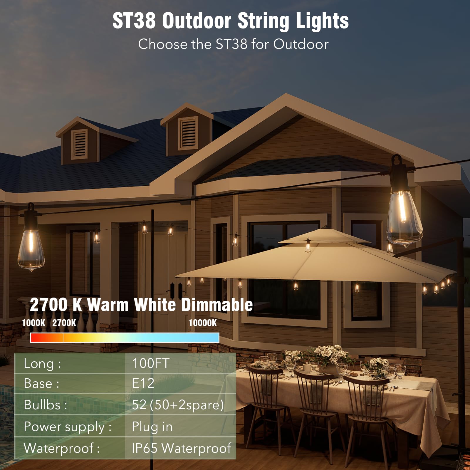 LED-Lichterkette für den Außenbereich, 30 m, Terrassenlicht mit 52 bruchsicheren ST38-Edison-Glühbirnen, wasserdichte Außenleuchte für Urlaub, Veranda, Deck, Garten, Hinterhof, Balkon, 2700