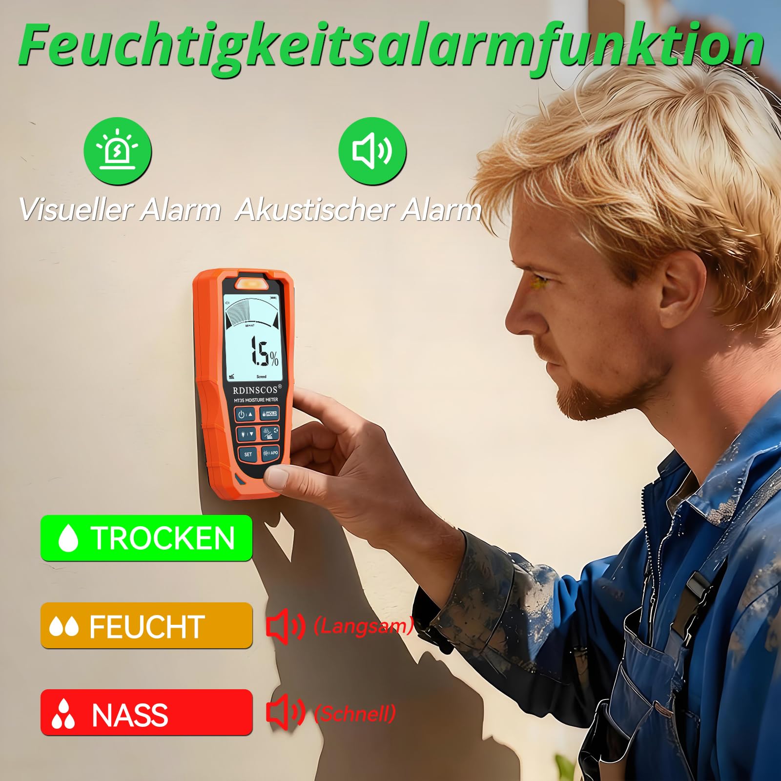 RDINSCOS Feuchtigkeitsmessgerät Wand Feuchtigkeitsprüfer Mauerwerk Feuchtigkeitsmesser Wand Pinless-Messgerät mit 3-Farben LCD Alarmsystem, akustischem Alarm & HOLD-Funktion für Wände Holz