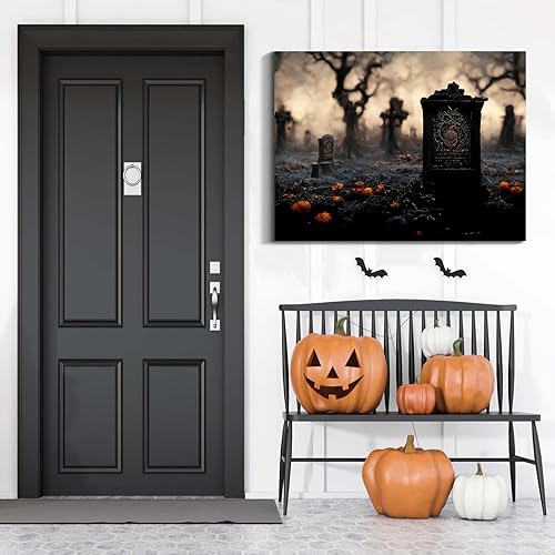 Miniatura 35 de Denozer Lienzo decorativo para pared de Halloween, castillo de terror de 32 x 24 pulgadas, decoración de pared de luna, decoración de otoño de Obra