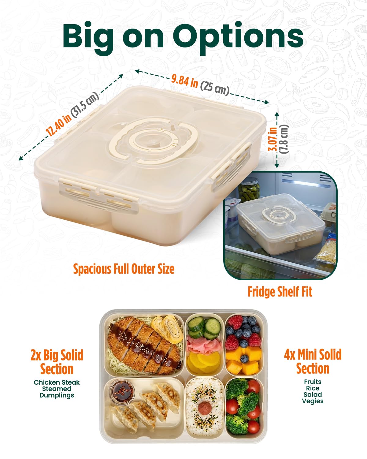 Snack box Creamy White, przenośna snackle box z torbą termoizolacyjną i wielorazowym wkładem chłodzącym, 6 wyjmowanych przegródek (2 duże + 4 małe) z osobnymi pokrywkami