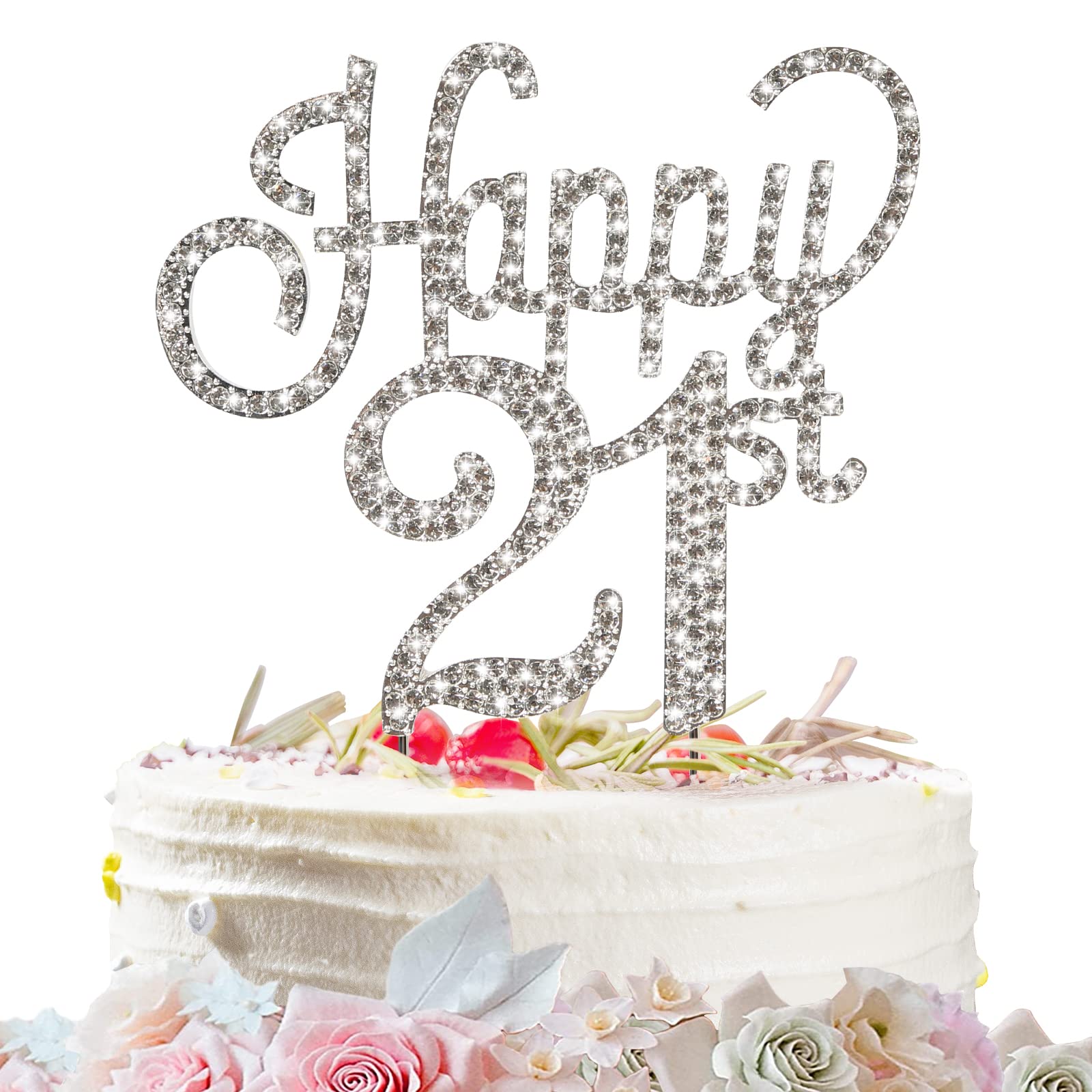 Happy 21st Birthday Cake Topper, Sparkly Silver Rhinestone Cheers to 21 Cake Topper Birthday Party Decorations Makes a Great Centerpiece