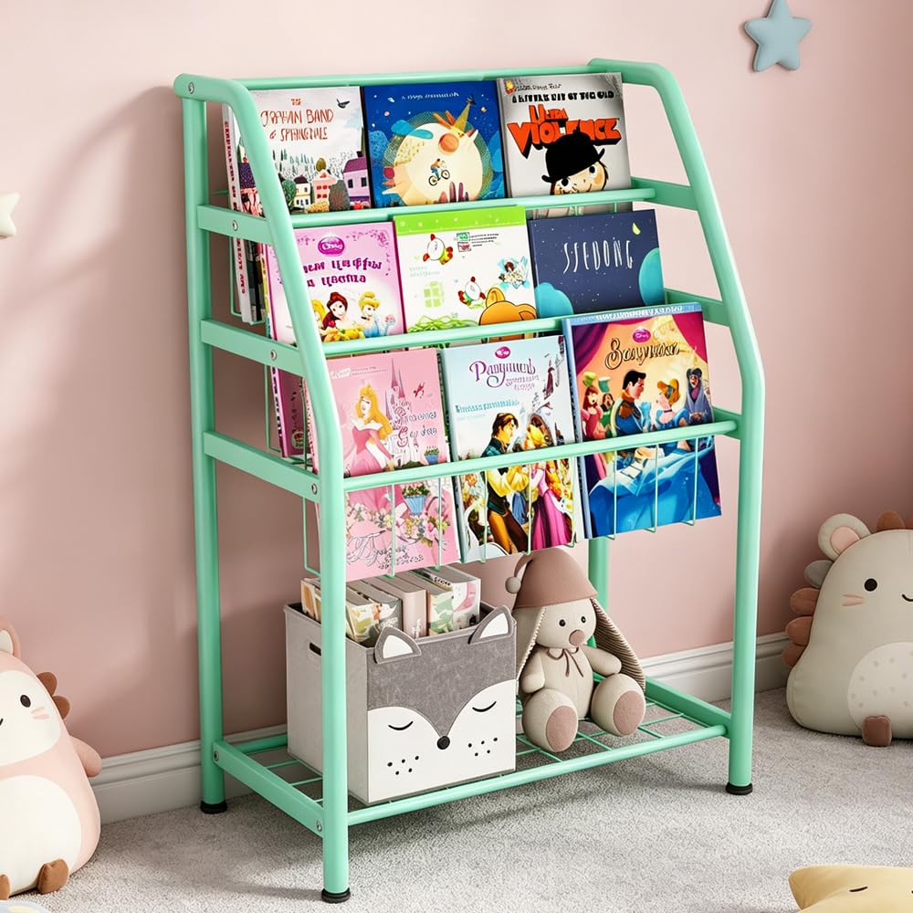 Rainbow Tree 4-Tier Metal Kids Bookshelf, Sling Bookshelf with Toy Organizer, Children Bookcase for Playroom Nursery Bedroom, Montessori Classroom Shelf