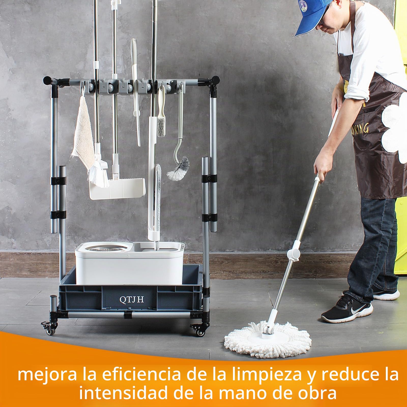 Soporte para fregonas - Organizador de Herramientas de Limpieza, Carro de Limpieza móvil Colgador escobas y fregonas