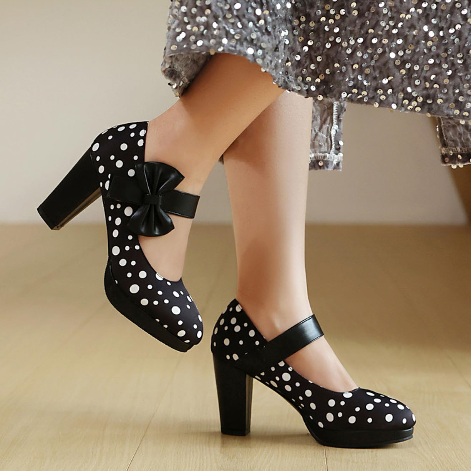 Damenschuhe mit Absatz Klobige Tanzschuhe Elegante Brautschuhe Ballerinas Blockabsatz Schnalle Polka Design