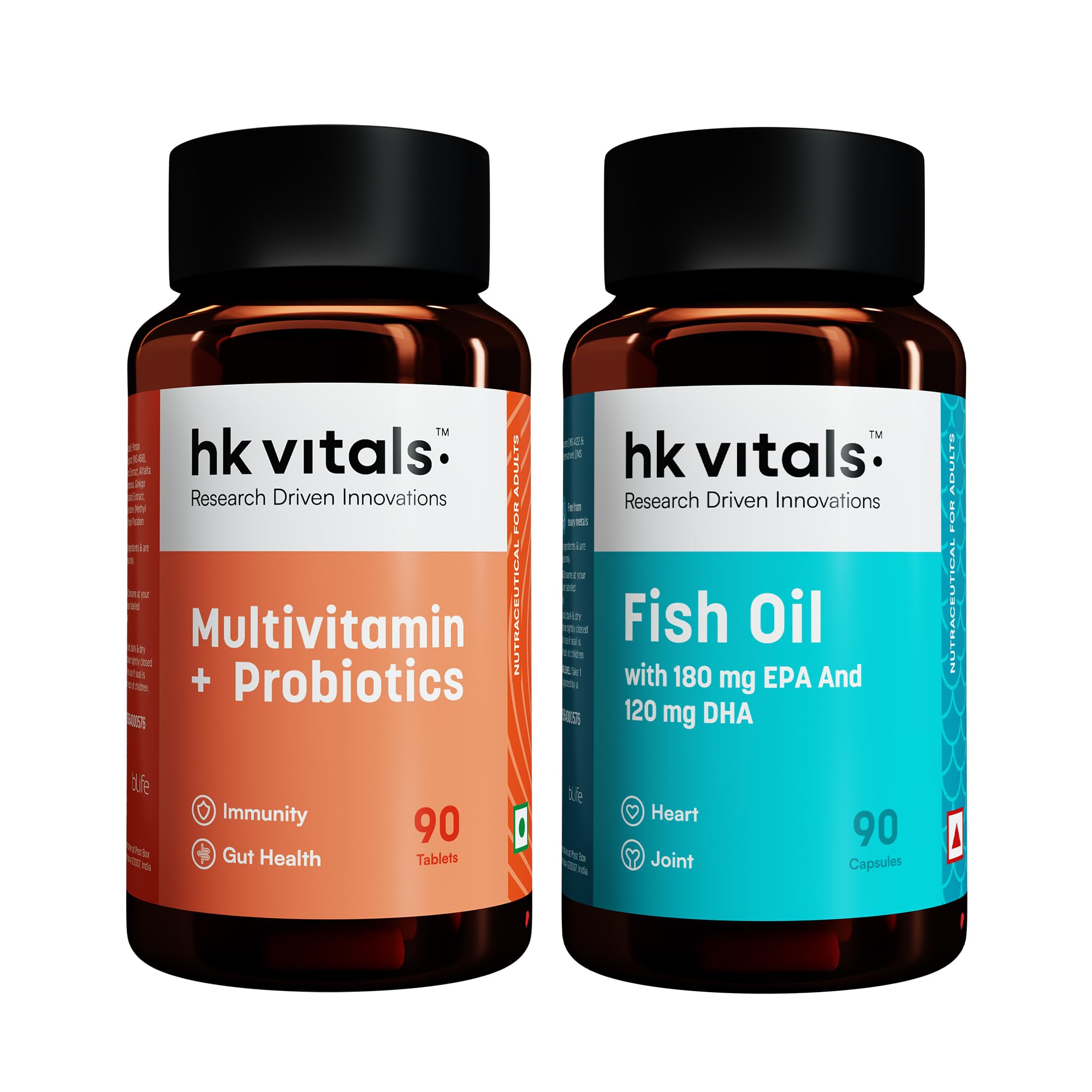 HealthKart HK Vitals Multivitamin with Probiotics, 90 Multivitamin Tablets & Fish Oil Capsules (1000 mg Omega 3 with 180 mg EPA & 120 mg DHA), for Brain, Heart, Eyes, and Joints Health, 90 Capsules