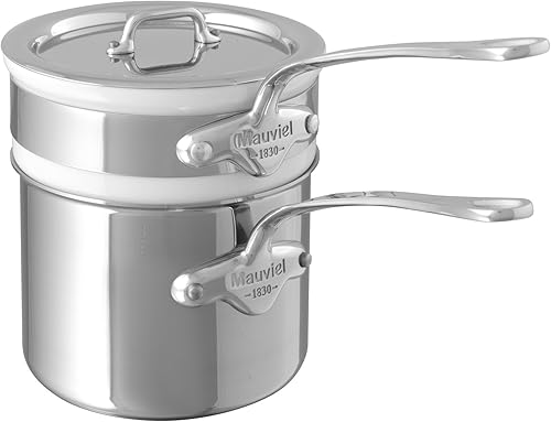 Mauviel M'Cook Bain Marie de acero inoxidable pulido de 5 capas con tapa y mango de acero inoxidable fundido, 0.9 cuartos de galón, fabricado en
