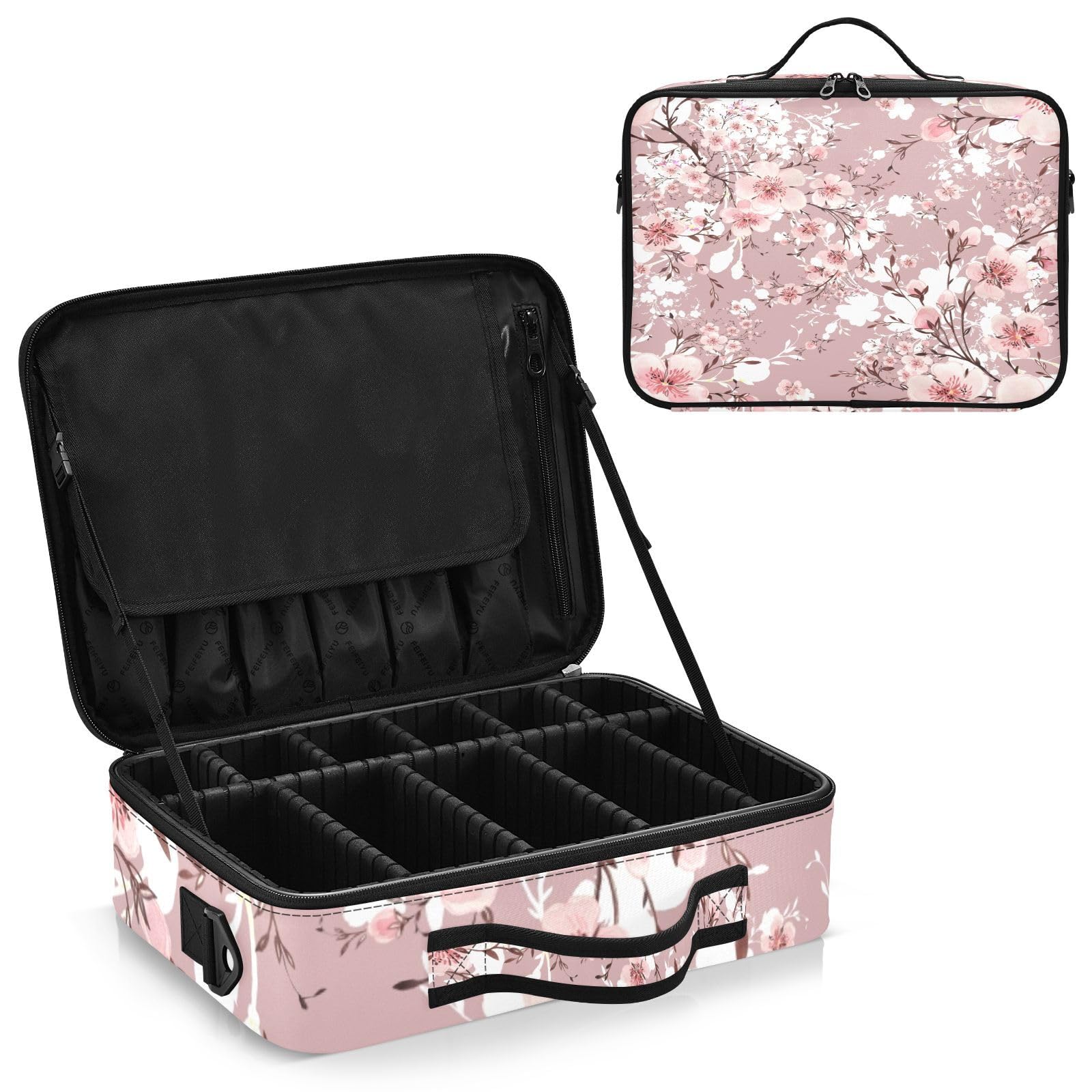 zyrtty Travel Makeup Train Case Spring Cherry Blossoms Pink Flower Cosmetic Organizer Portable Storage Bag with Adjustable Dividers for Cosmetics Brushes Toiletry Jewelry Digital Accessories