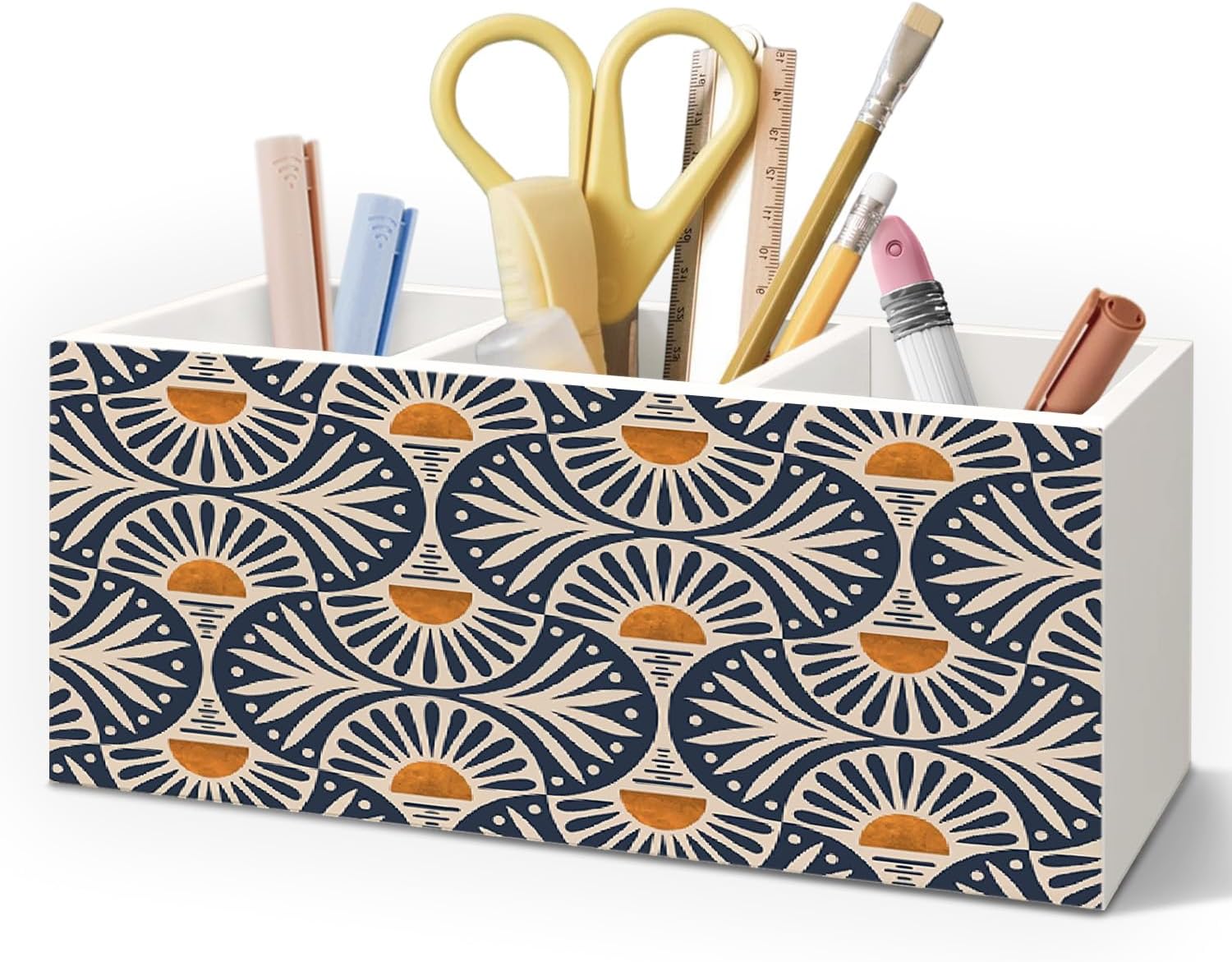 Portalápices de madera estilo bohemio vintage para accesorios de escritorio, decoración de oficina bohemia, retro, abstracto, sol, atardecer, madera