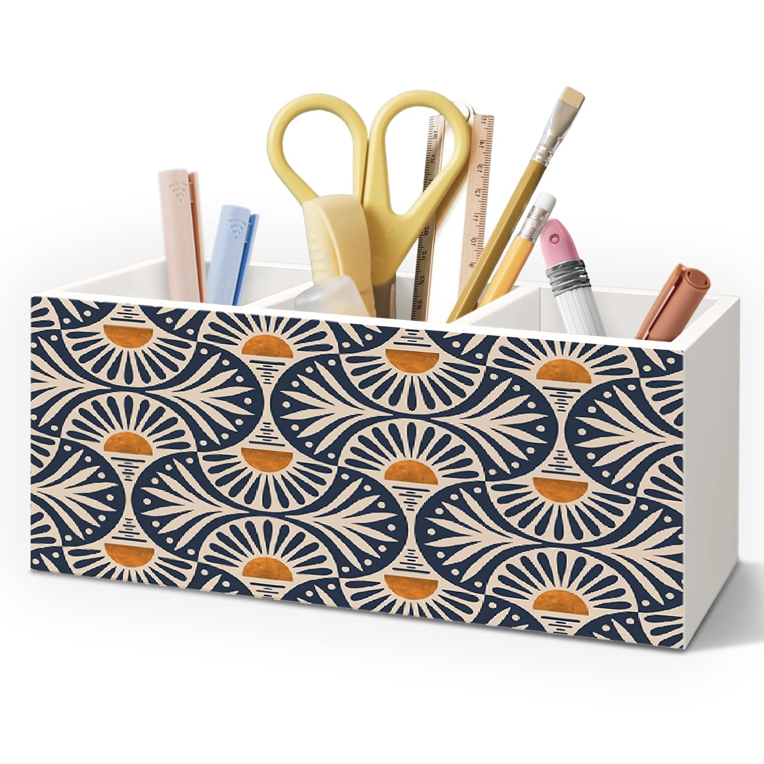 Portalápices de madera estilo bohemio vintage para accesorios de escritorio, decoración de oficina bohemia, retro, abstracto, sol, puesta de sol, madera, maquillaje, cepillo de dientes
