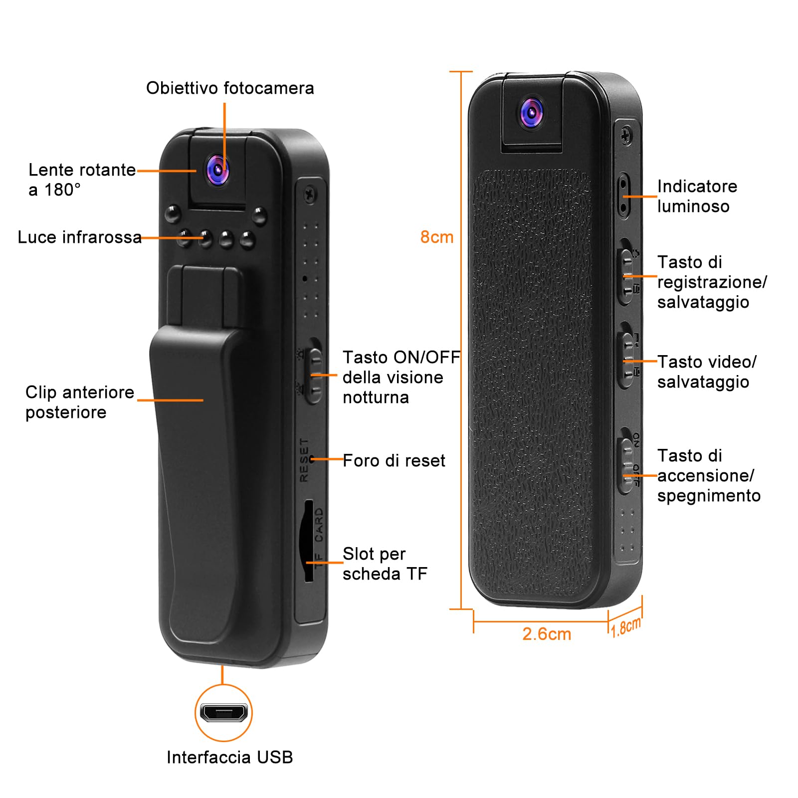 TANGMI Spy Cam 1080P, Body Cam, Visione Notturna, 180°, Mini Camera | Micro Camera, Micro Telecamera, Clip-on, Registrazione Audio, Loop, 150 Min, 27g, Riunioni Equitazione Animali, Cavo