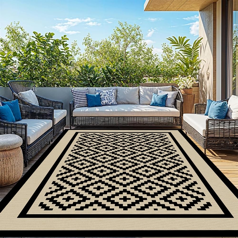 Tappeto da Esterno Impermeabile Pieghevole Reversibile Lavabile Giardino Patio Campeggio Balcone 183x274cm Beige Nero