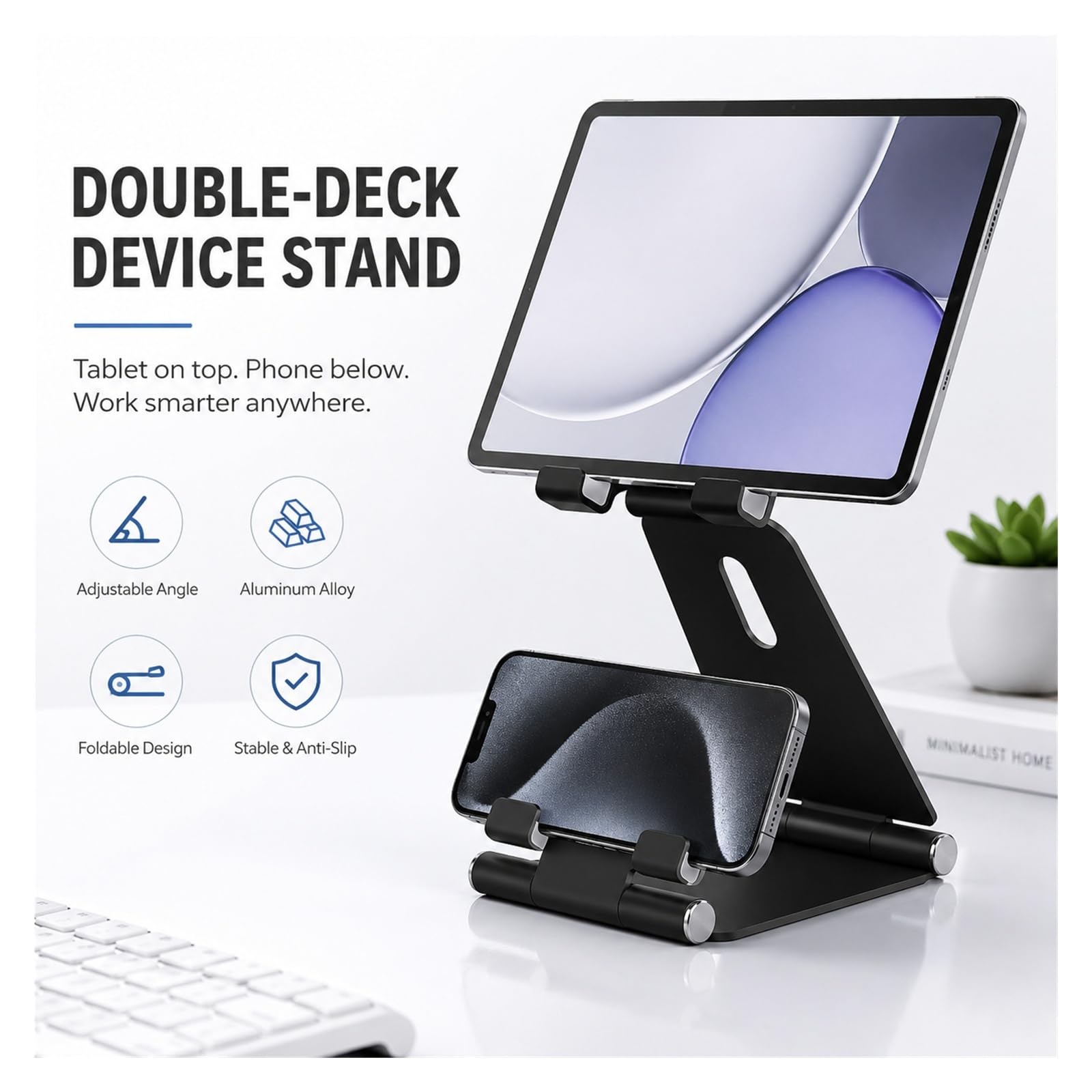 Supporto for telefono pieghevole in alluminio a doppio strato 2 in 1 | Scrivania, casa, ufficio, videochiamate, supporto tablet, supporto pieghevole