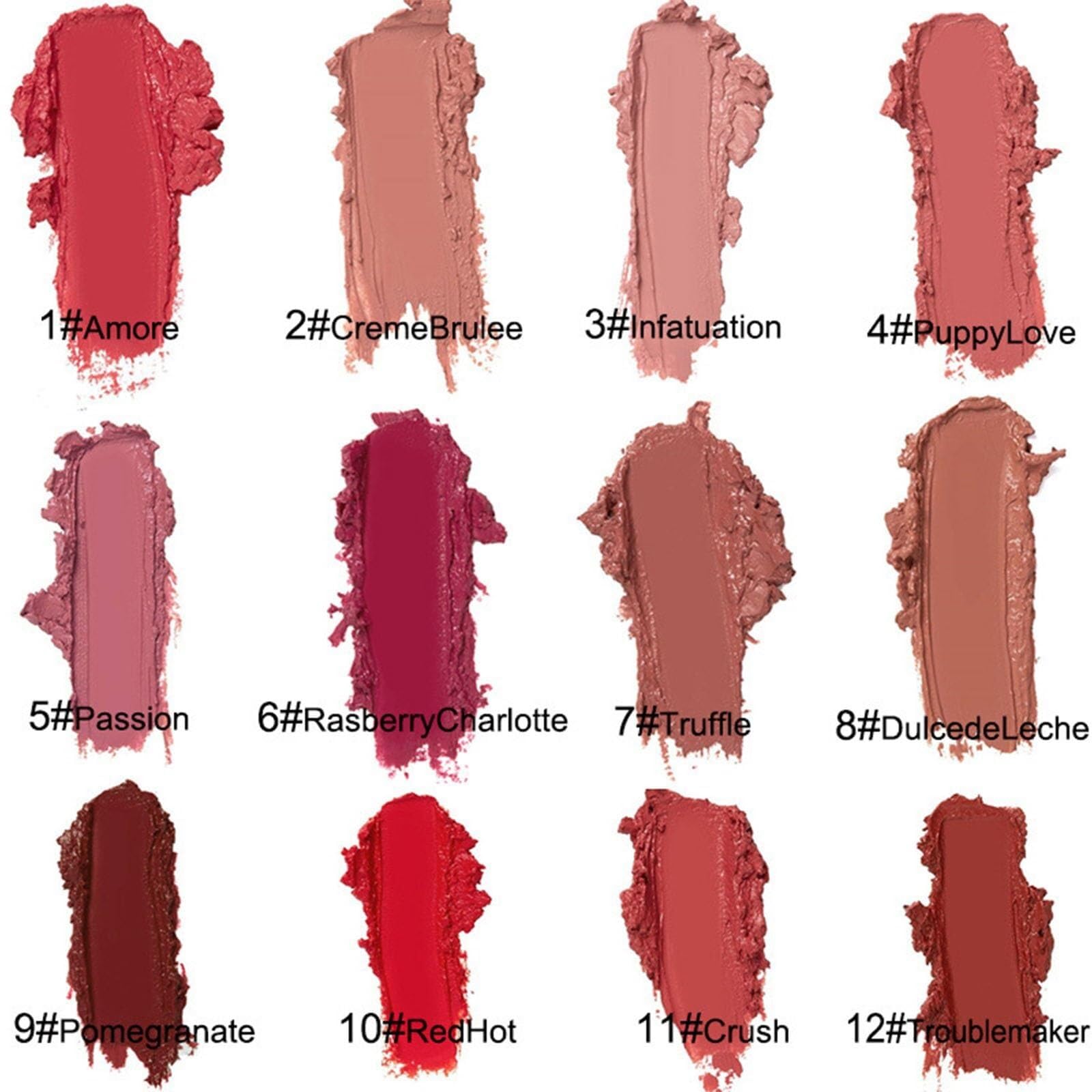 Lápiz labial de crema de 12 colores, lápiz labial de crema de 12 colores, taza sin lápiz labial, impermeable, sin relleno, impermeable e hidratante de larga duración Velvet lápiz labial rojo(12PCS)