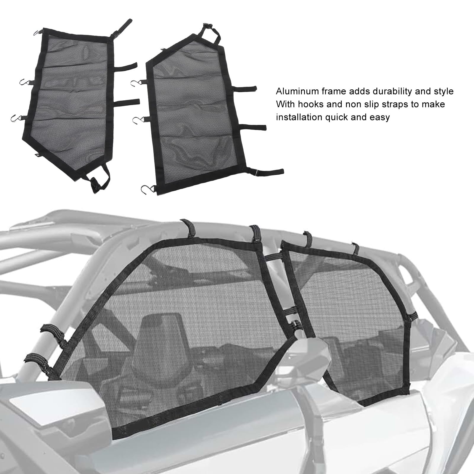 Siatka na Przednie Okno UTV, Zamiennik dla Maverick X3 2017-2025, Oddychająca Siateczkowa Osłona Górnych Drzwi, Aluminiowa Rama z Haczykami, Idealna do Blokowania Kamieni, Liści i Gałęzi