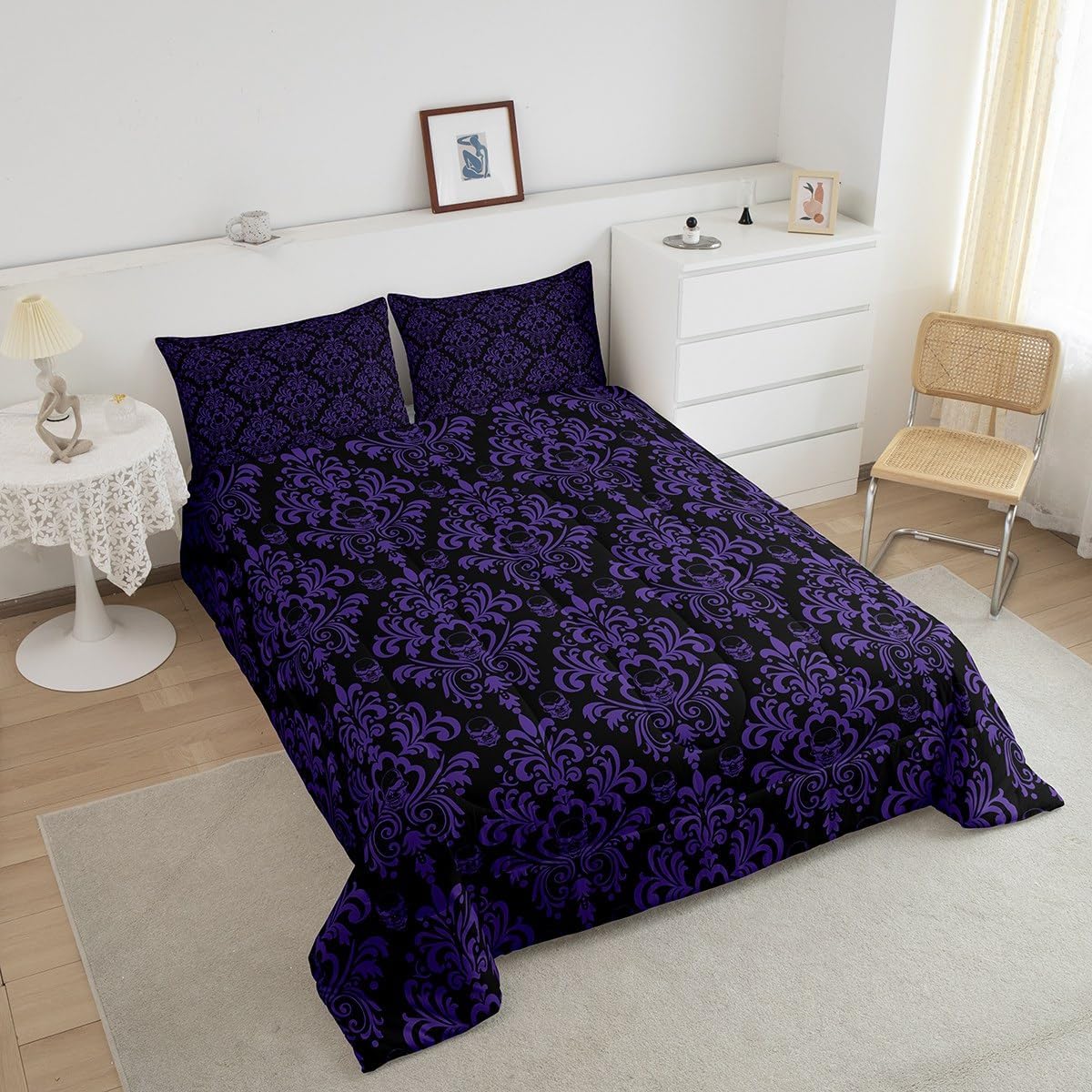 jejeloiu Toddler Size Purple Damask Bedding Set Boys Girls Gothic Goth Skull Comforter Set for Kids Women Men Ultra Soft Jacquard Vintage Floral Bohemia Boho Exotic Duvet Quilt Room Decor Soft 2Pcs