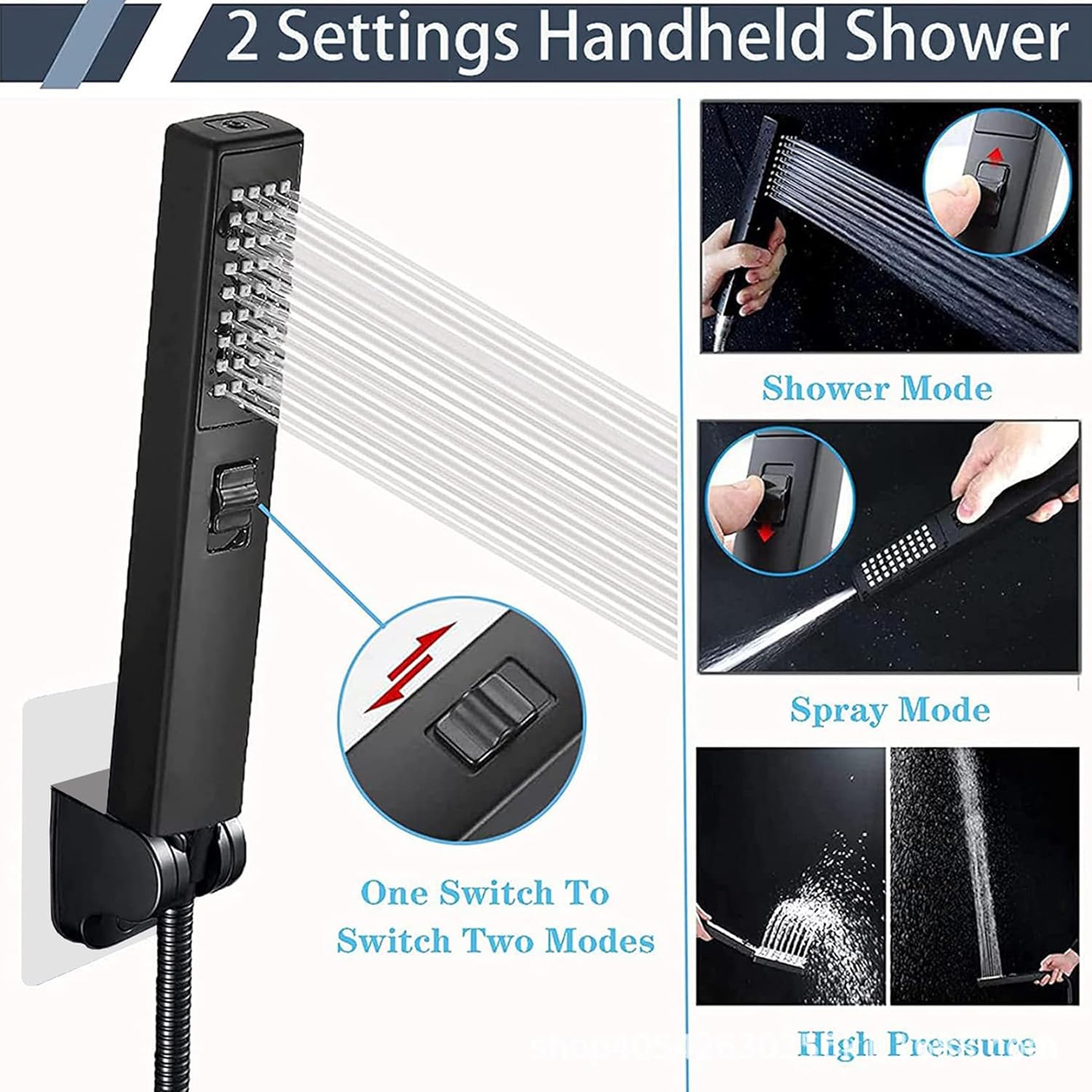 Square Handheld Shower Head - Spray, Matte Bla Finish, 2.8Bar