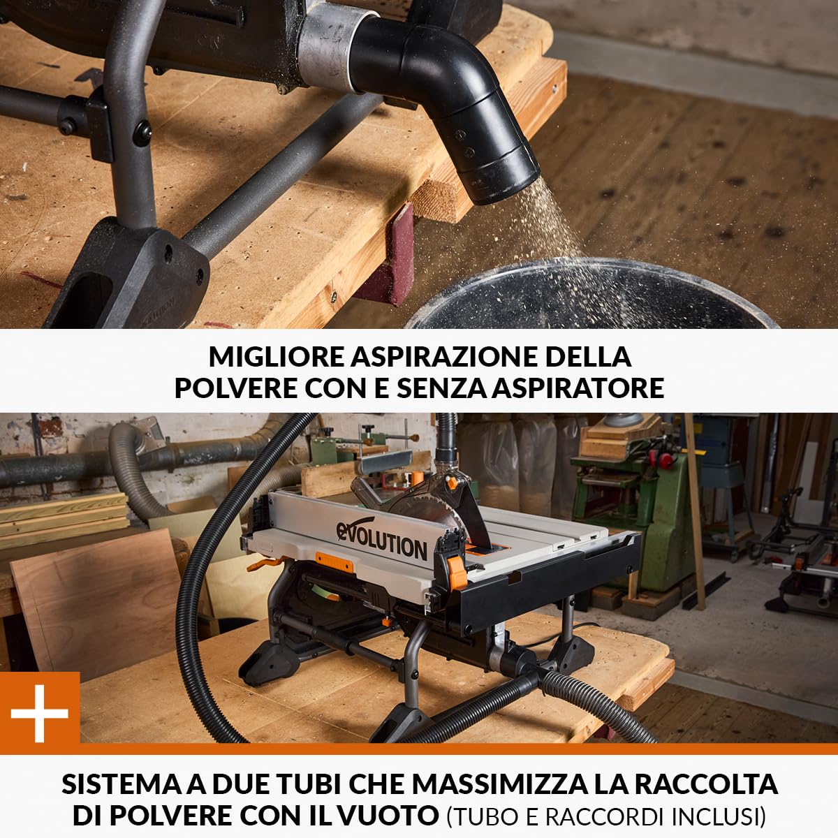 Evolution Power Tools R255TBL+ Sega Da Banco (La Prossima Generazione Rage 5-S) Lama Da Taglio Multimateriale Inclusa Taglia Legno Metallo Plastica, Smusso A 45°, Angolo Obliquo +/- 60°, 1800w