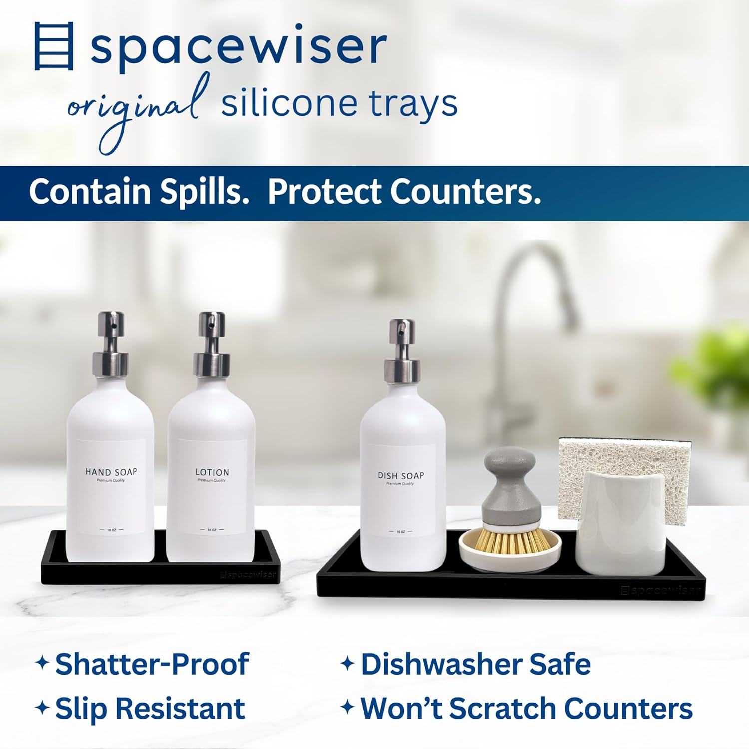Spacewiser Countertop and Vanity Tray - 2 PC (11” and 7”) Shatterproof Silicone Kitchen and Bathroom Trays for Counter, Kitchen Soap Dispenser Tray, Vanity Trays for Bathroom, Perfume Key Tray