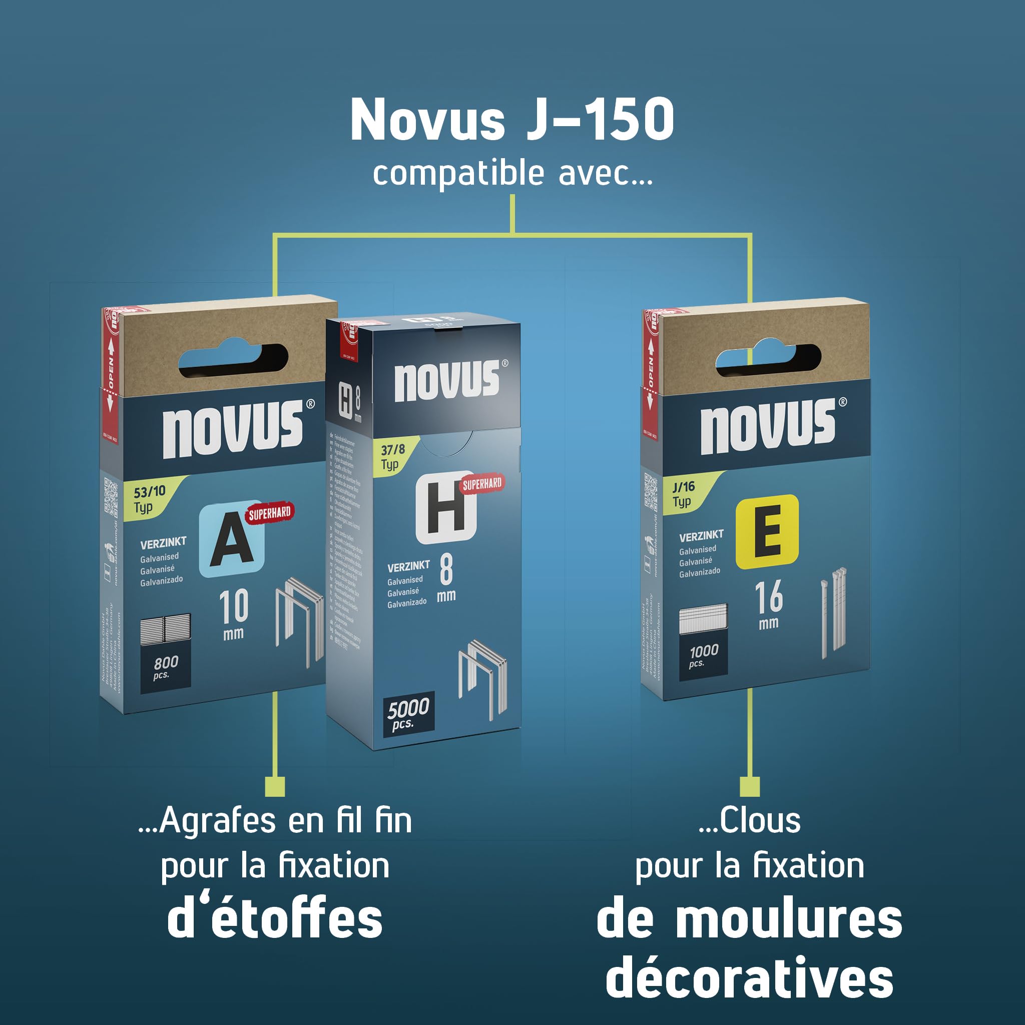 NOVUS TOOLS Agrafeuse électrique J-150 Kit avec 1800 agrafes | Agrafeuse et cloueuse pour agrafes en fil fin 6-14 mm et clous 16 mm │ Avec réglage électrique de la puissance de frappe