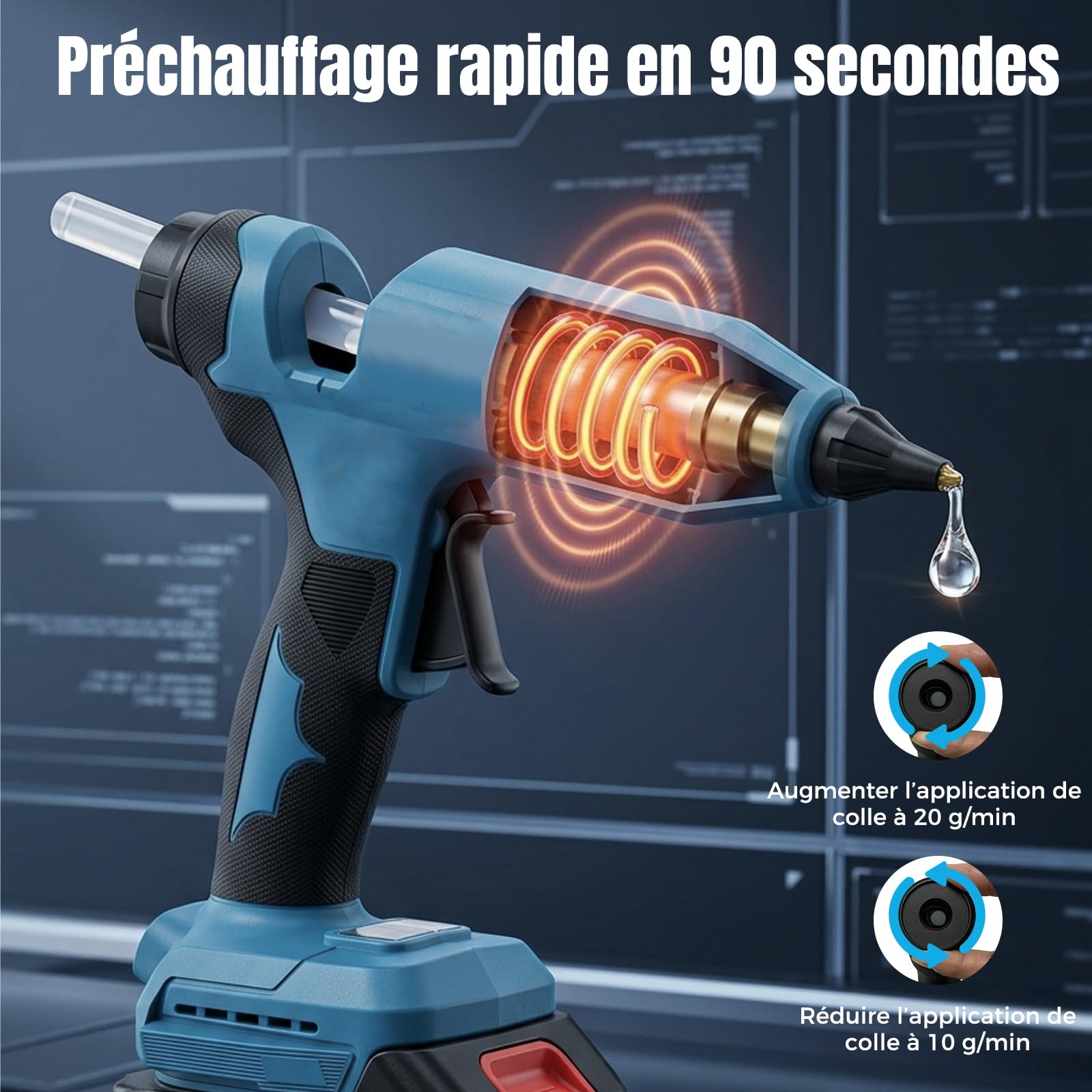 Pistolet à Colle Chaude Sans Fil 110W, Kit avec 2x 4.0Ah Batteries, Écran LCD Affichage Température & Batterie, Fonction Mémoire, 100-200°C Réglable, Compatible avec Batterie Makita 18V