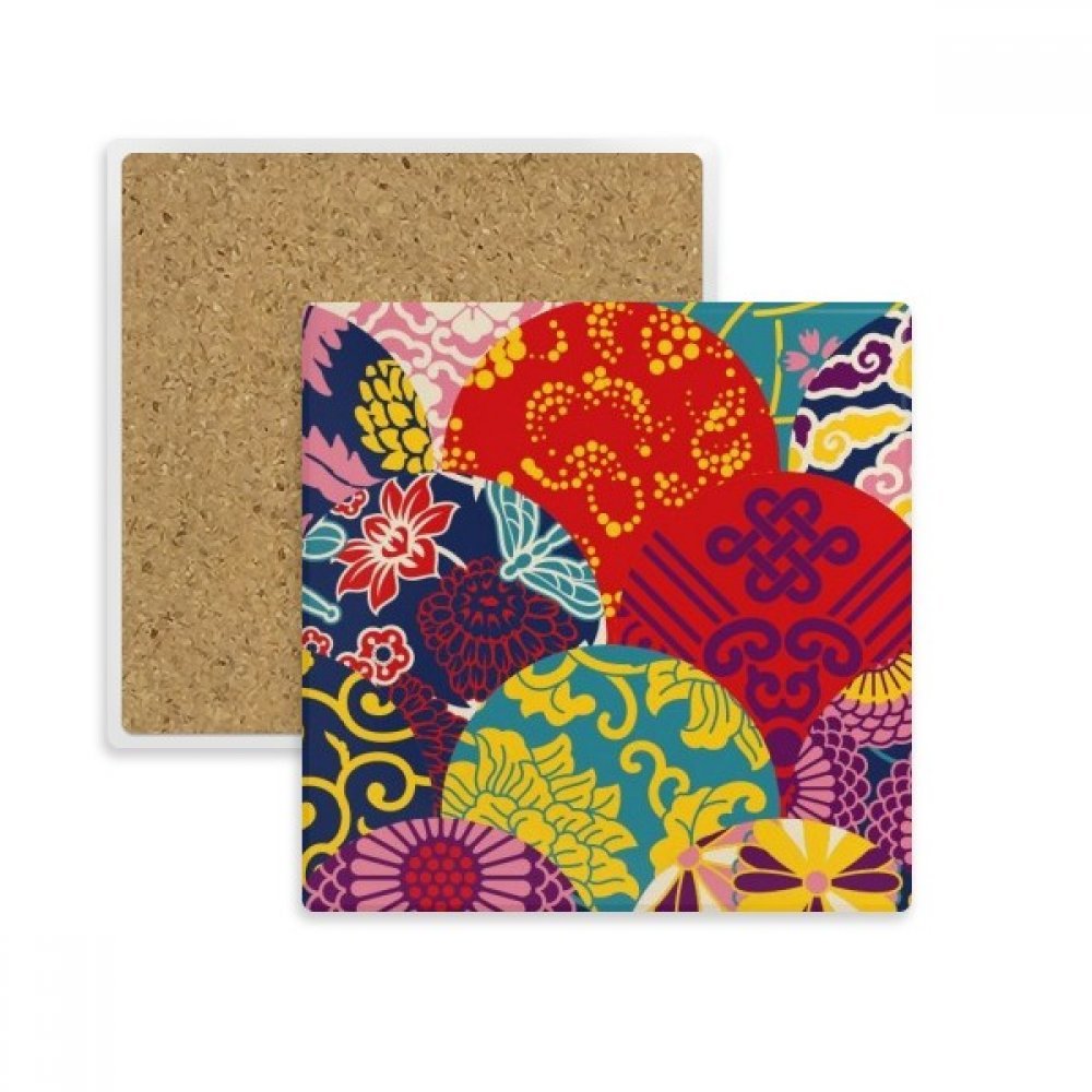 Coaster absorbant carré en pierre motif fleurs feuilles et noeud chinois