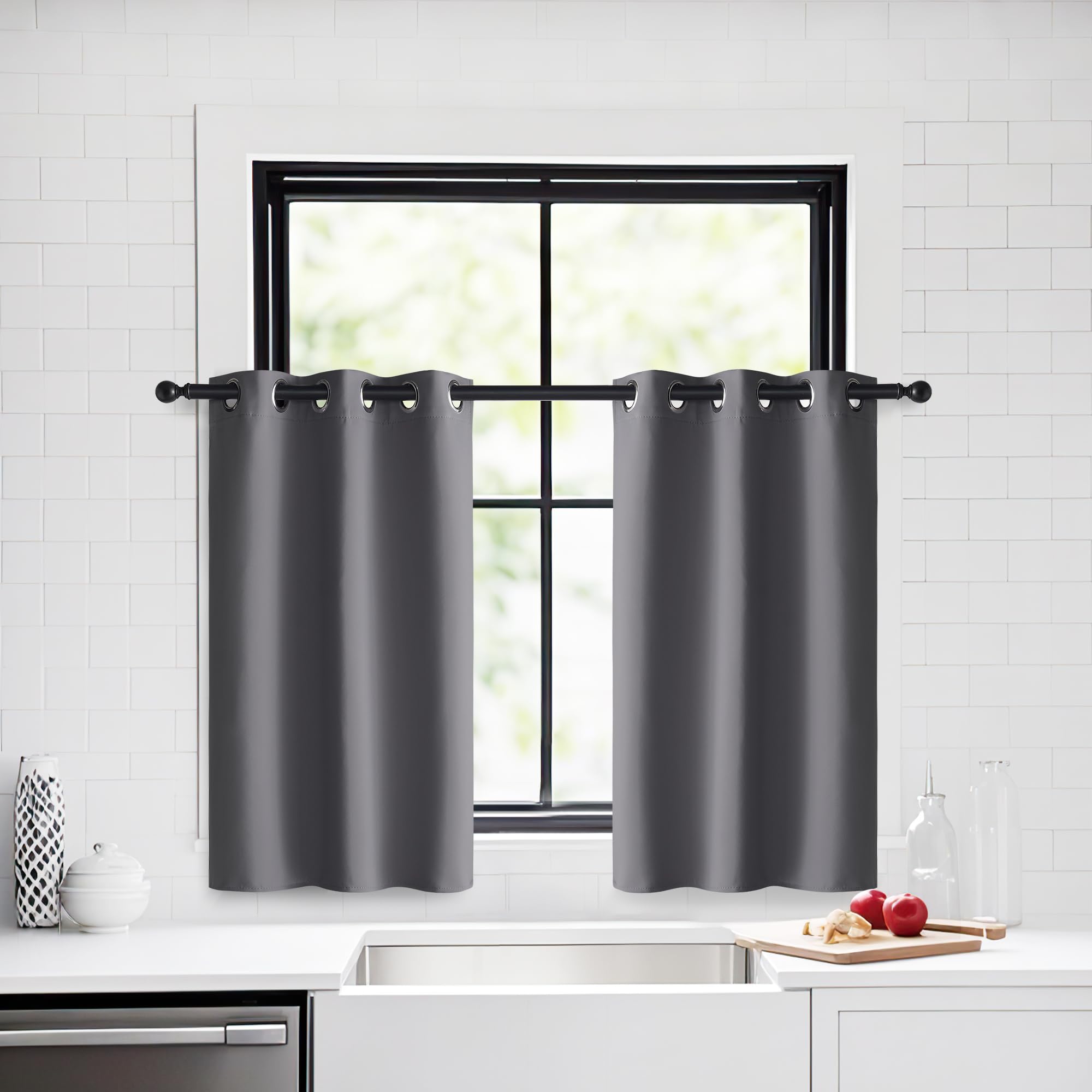 PONY DANCE Small Blackout Curtains for Kitchen 29x36 Inch, Grey, Eyelet Thermal Insulated Curtains & Drapes, Light Blocking
