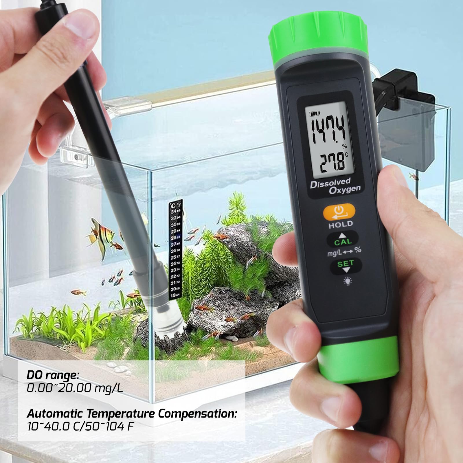 Dissolved Oxygen Meter with ATC Portable DO Meter with Long Cable, Dissolved Oxygen Test Kit Tester with Self Floating Probe Electrode - Image 2