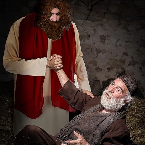 Miniatura 4 de Ramede 4 piezas de disfraz de salvia de Halloween para adultos, bata clásica, peluca, bigote, bufanda, chal, cintura para hombres