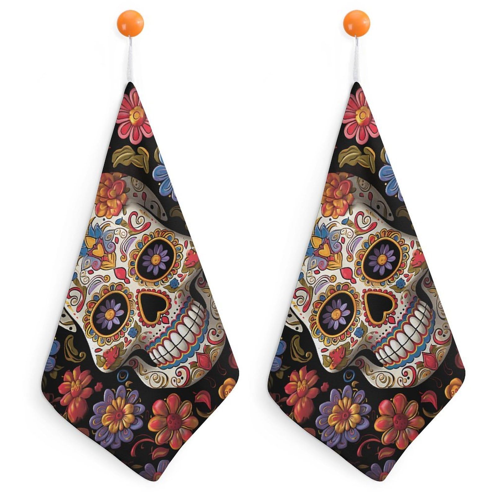 VstaDank Sugar Skulls Washcloth with Hanging Loop Quick Dry Microfiber Hand Towel Highly Absorbent Wash Cloth Reusable Makeup Remover Cloth Soft Feel Fingertip Towel for Bathroom