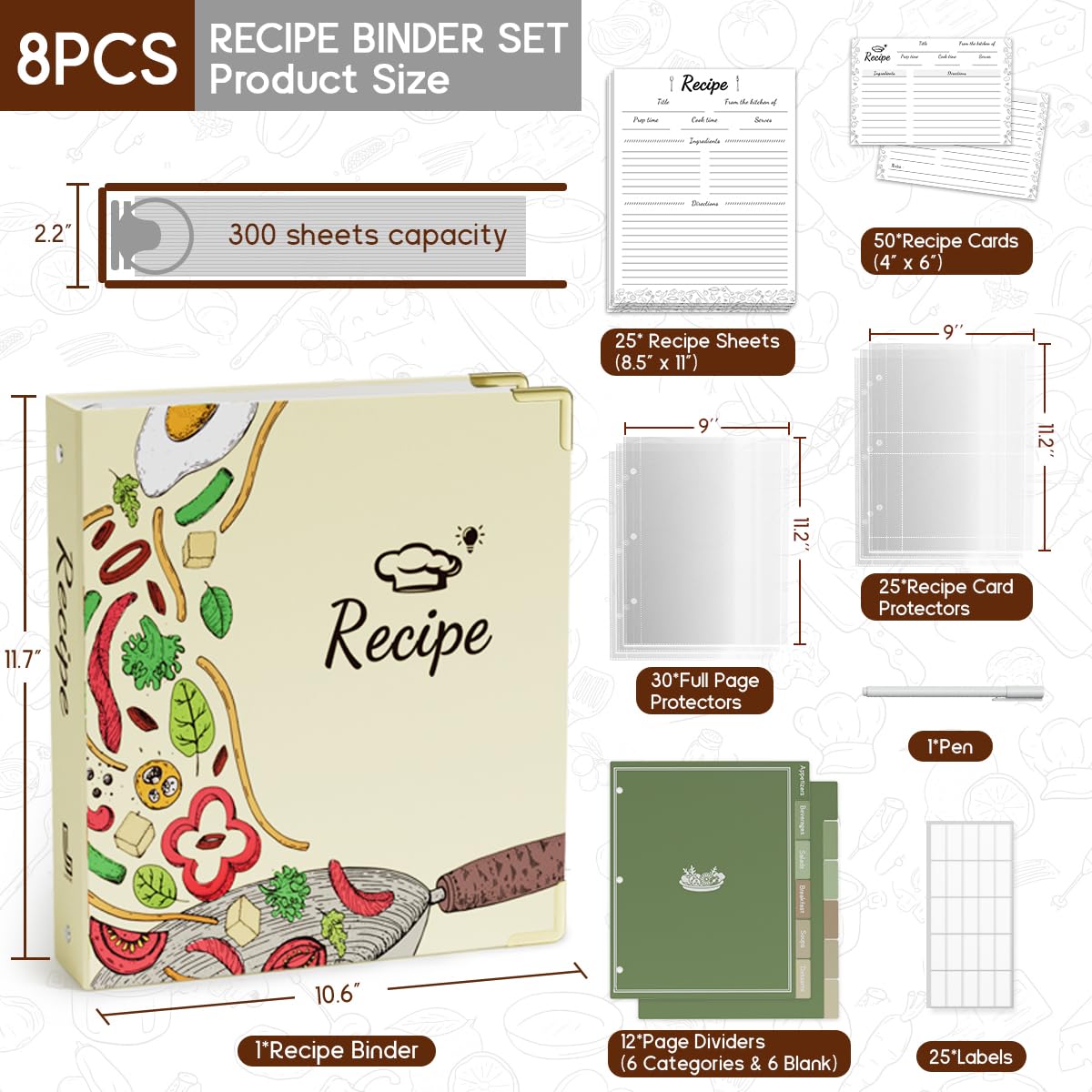 Recipe Binder 3 Ring Kit - 8.5x11 Full Page Recipe book binder with plastic sleeves, 4x6 Cards, 12 Dividers, 25 Labels, and 1 Pen for Recipe Book to Write in Your Own Recipes, Waterproof Cover Design - Image 2