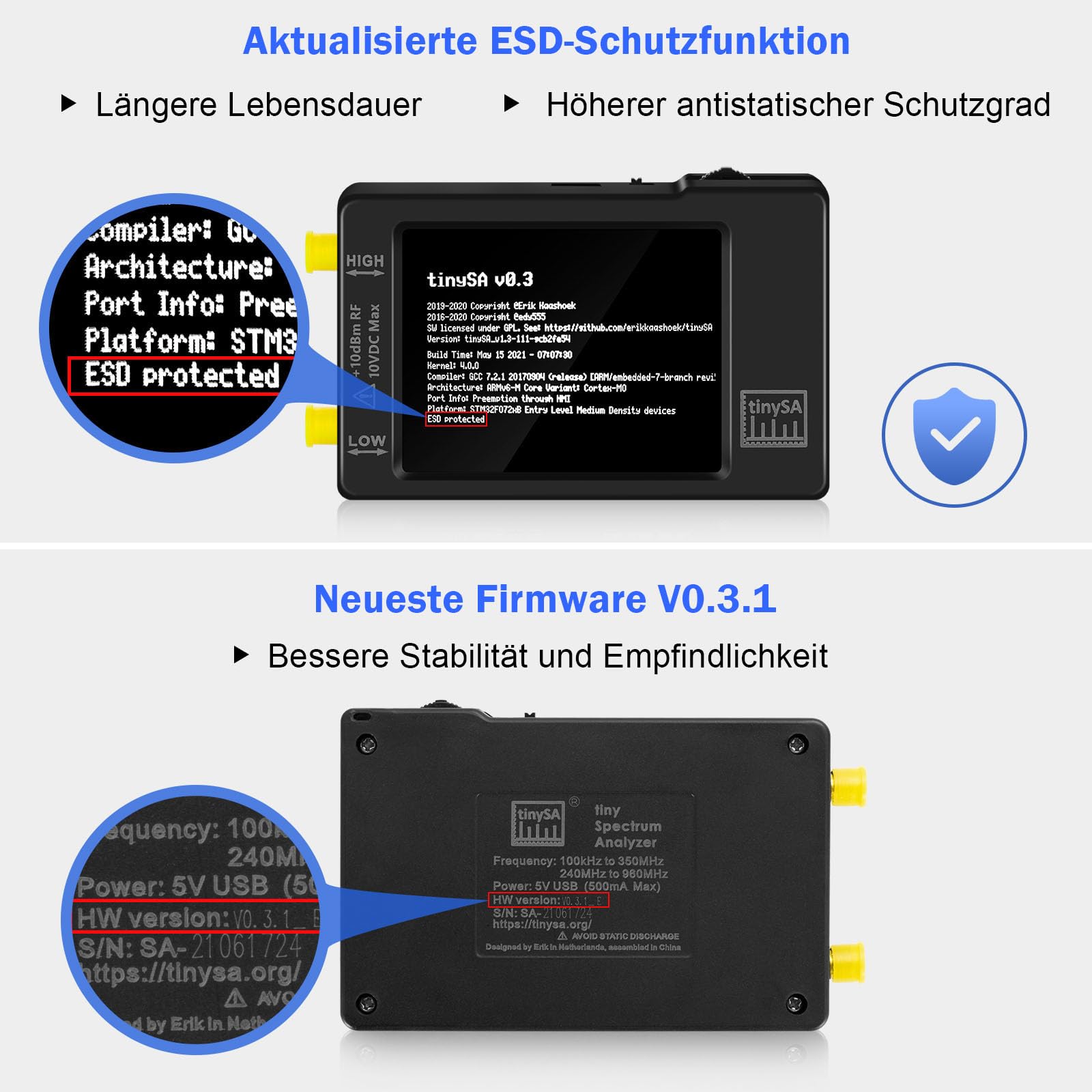 AURSINC TinySA Spektrumanalysator Handheld, 2,8 Zoll Touchscreen V0.3.1 Signalgenerator 100 kHz bis 960 MHz MF/HF/VHF UHF-Eingang ESD-geschützte Funktion
