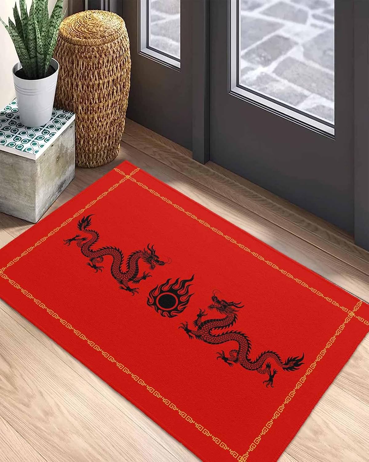 Indoor Door Mat Washable Mat 18x30 Inch - Outdoor Non-Slip Mat Absorbent Resist Dirt Doormats Chinese New Year Style Black Dragon Pattern Red Floor Mat for Entryway Patio Bathroom