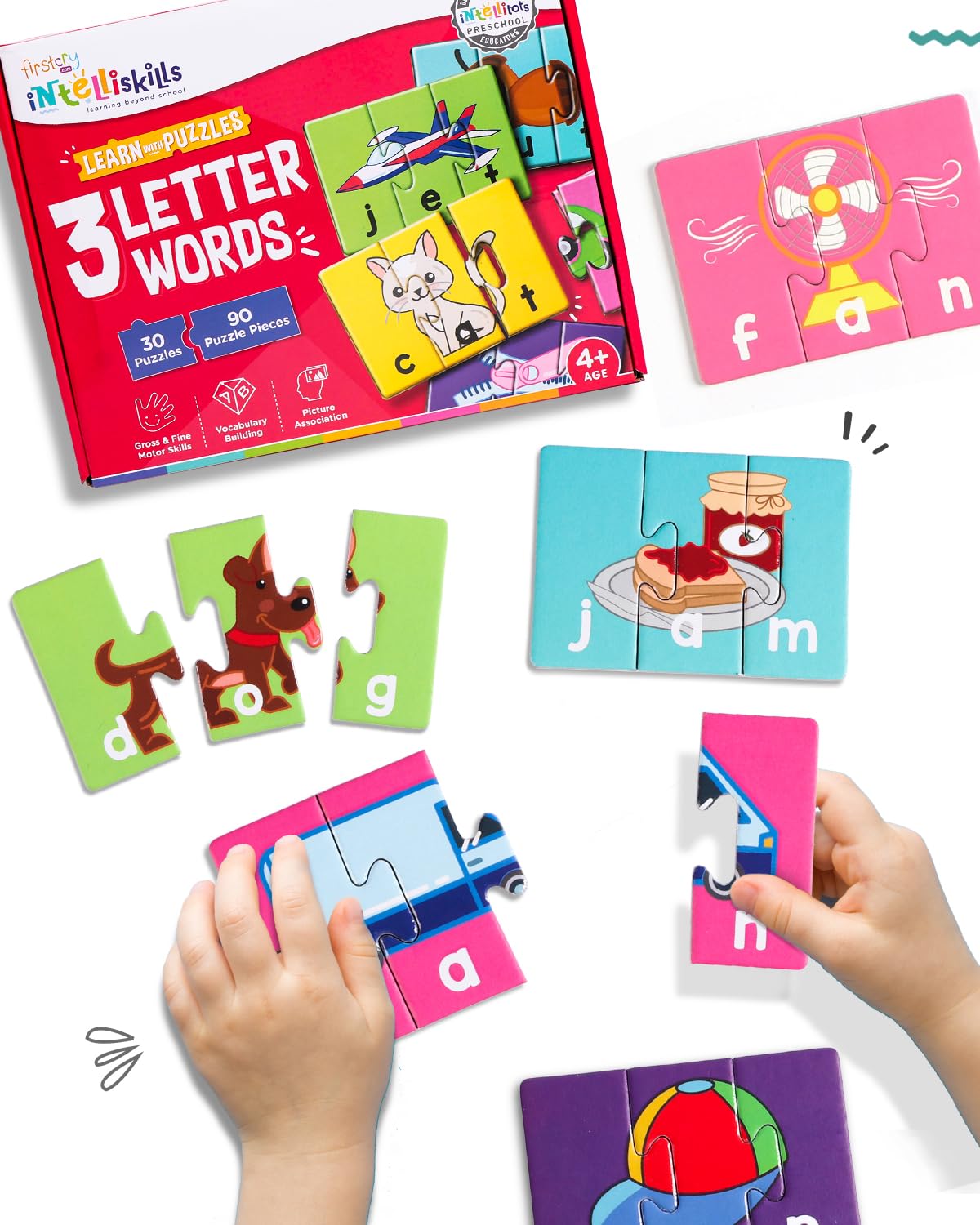 FIRSTCRY INTELLISKILLS Premium 3 Letter Words 90 Spelling Jigsaw Puzzles Pieces | Learn to Spell | 30 Three Letter Words, Beautiful Colourful Pictures | Puzzle Game Toy for 4+ Years Old, Ideal Gift